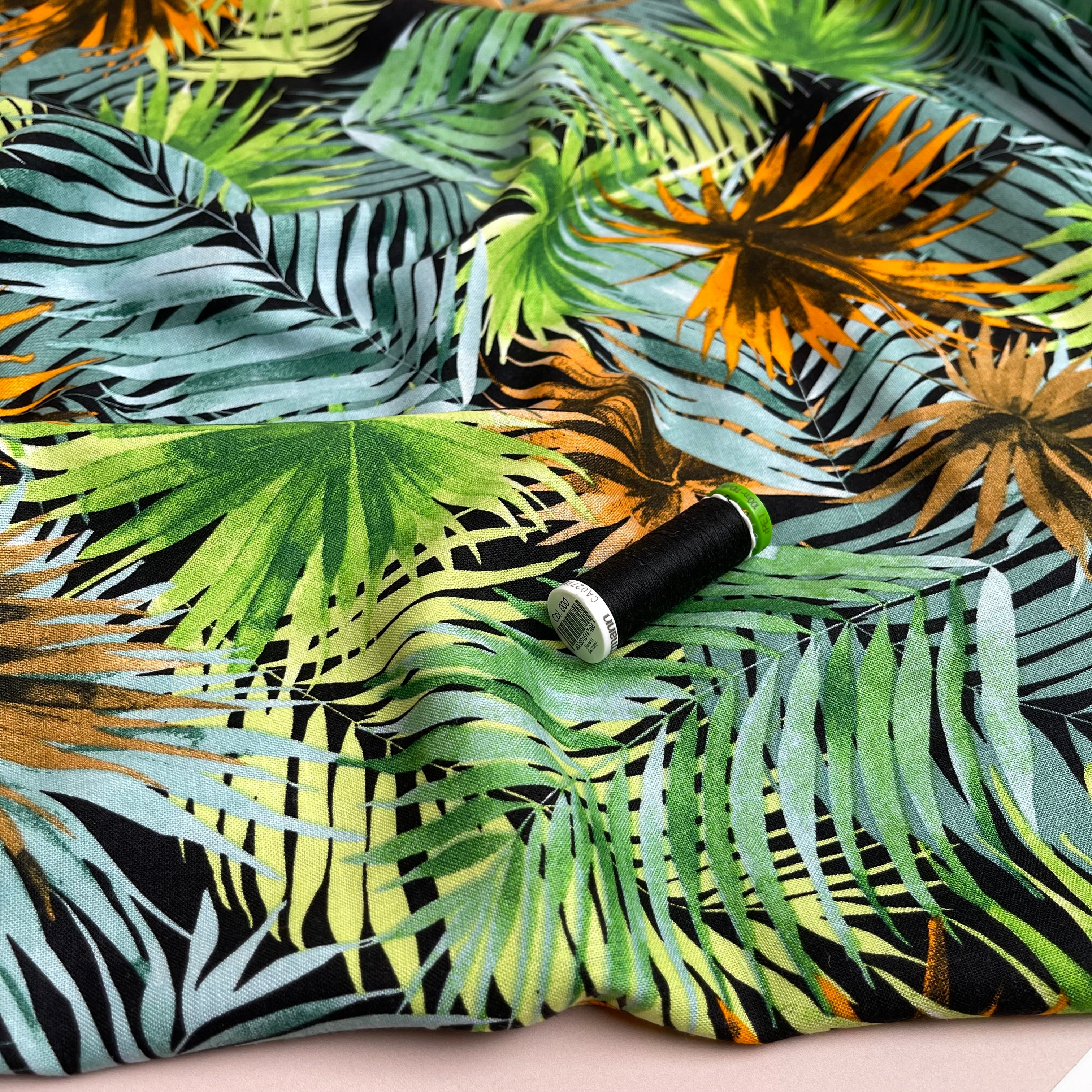 Tropical Fan Leaves in Green Viscose Linen Blend Fabric