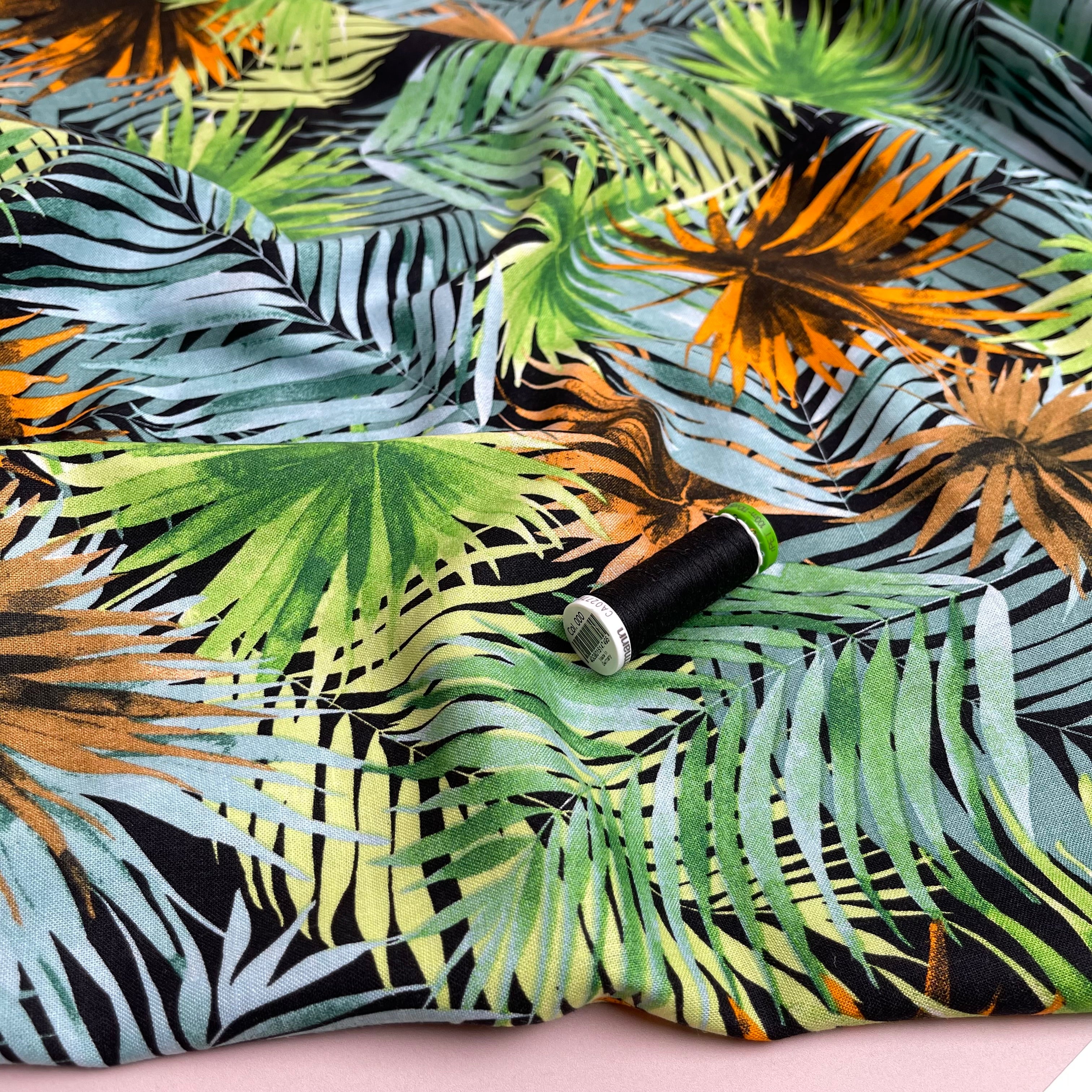 Tropical Fan Leaves in Green Viscose Linen Blend Fabric