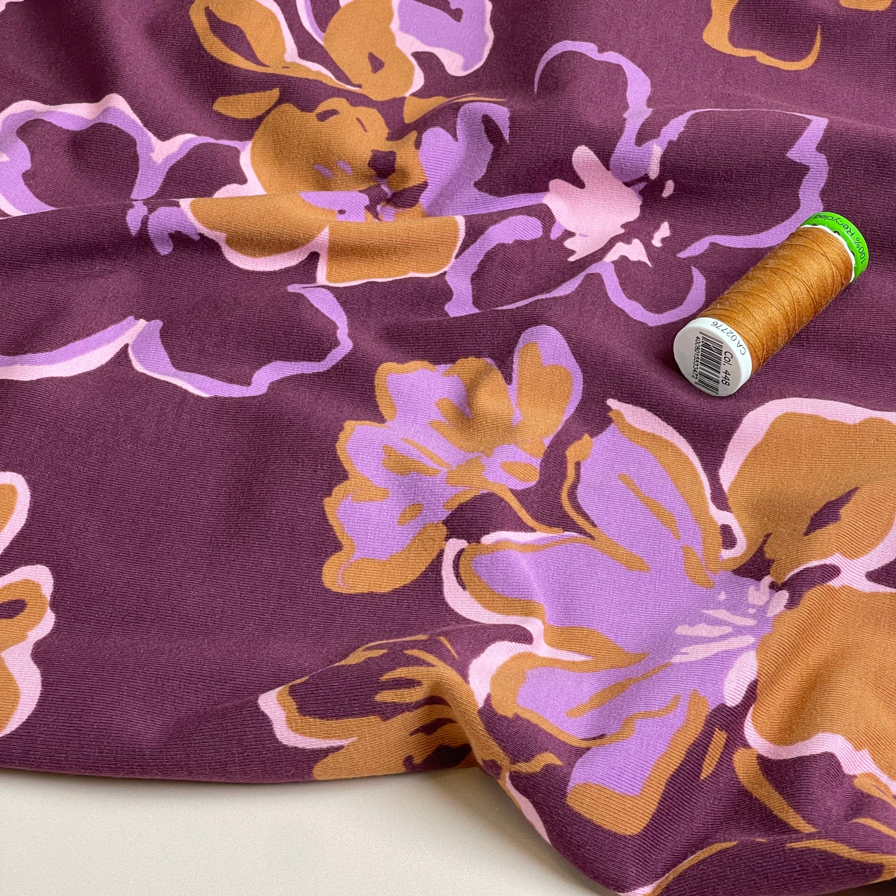 Painted Large Flowers on Plum Cotton Jersey Fabric