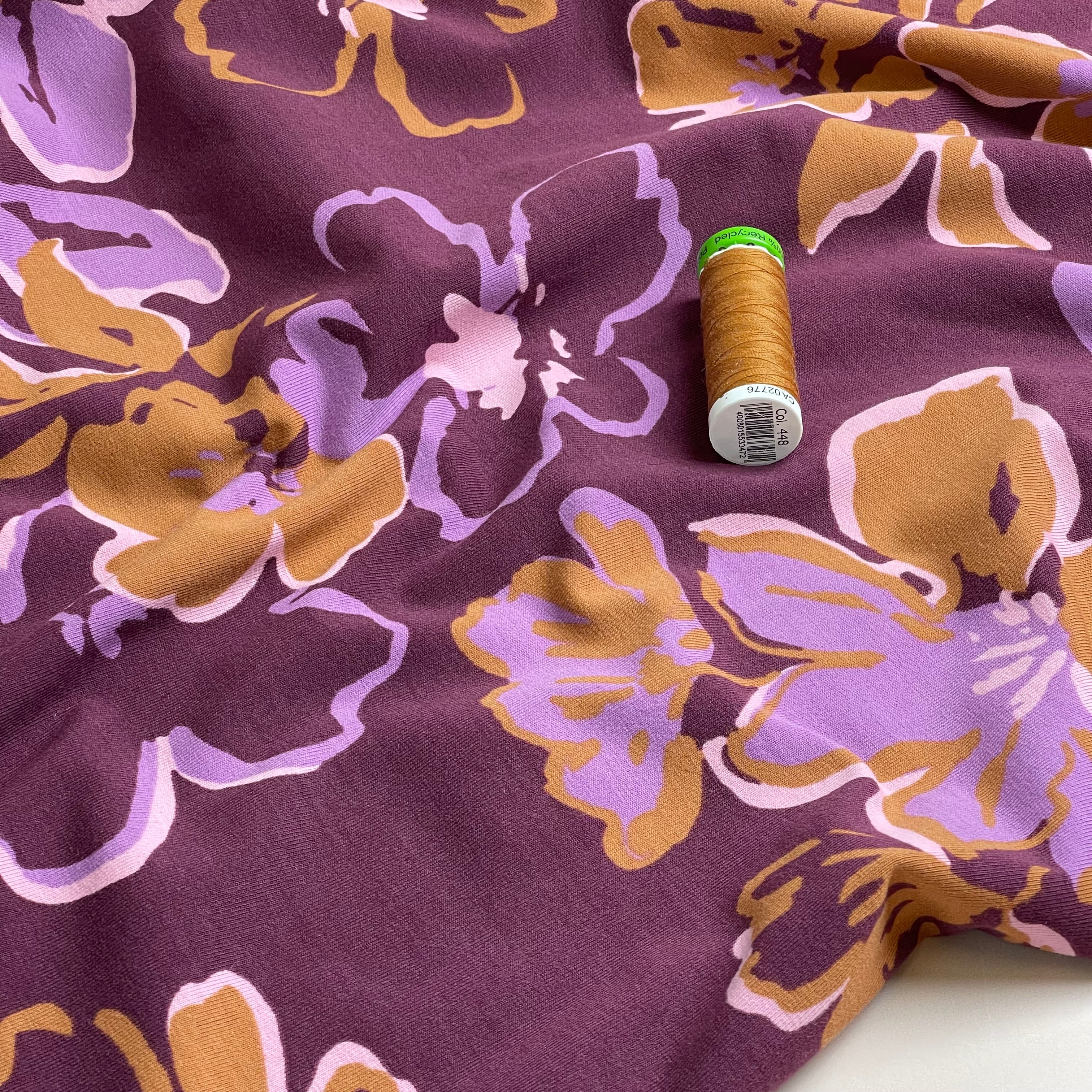 Painted Large Flowers on Plum Cotton Jersey Fabric