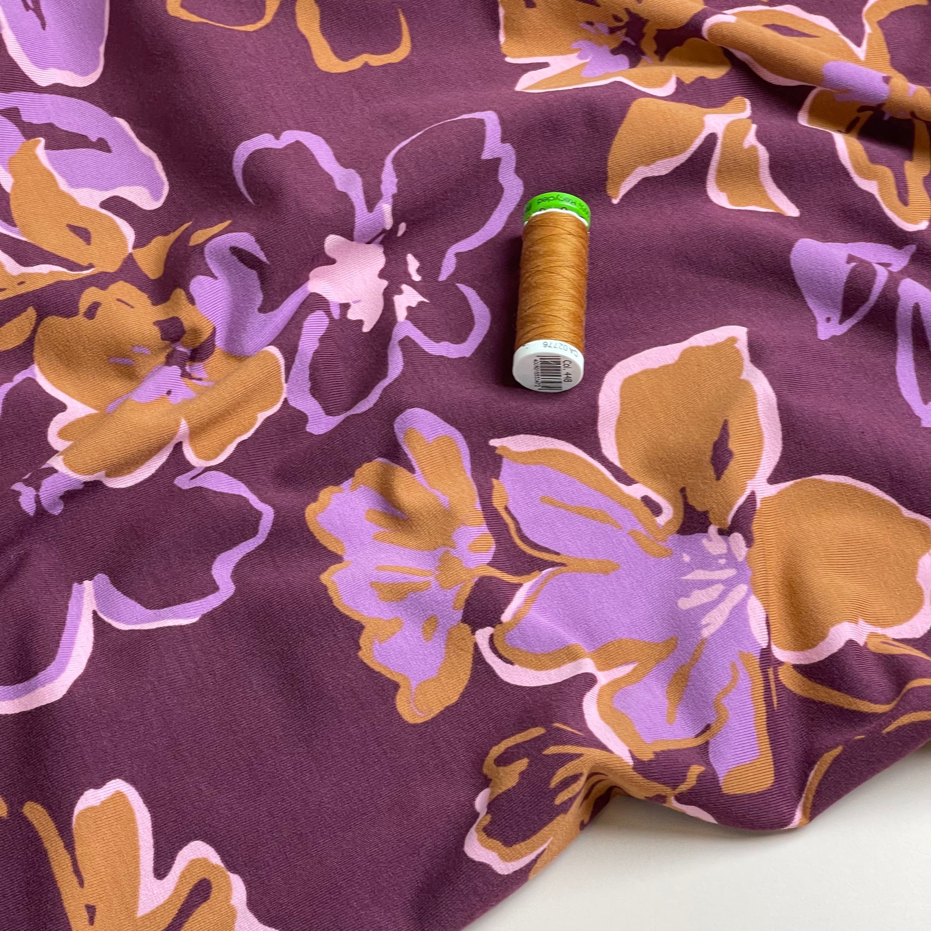 Painted Large Flowers on Plum Cotton Jersey Fabric