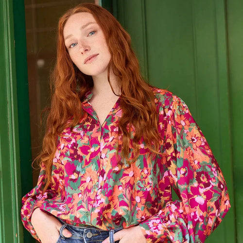 Atelier Jupe - Fuchsia & Green Flowers Viscose Fabric