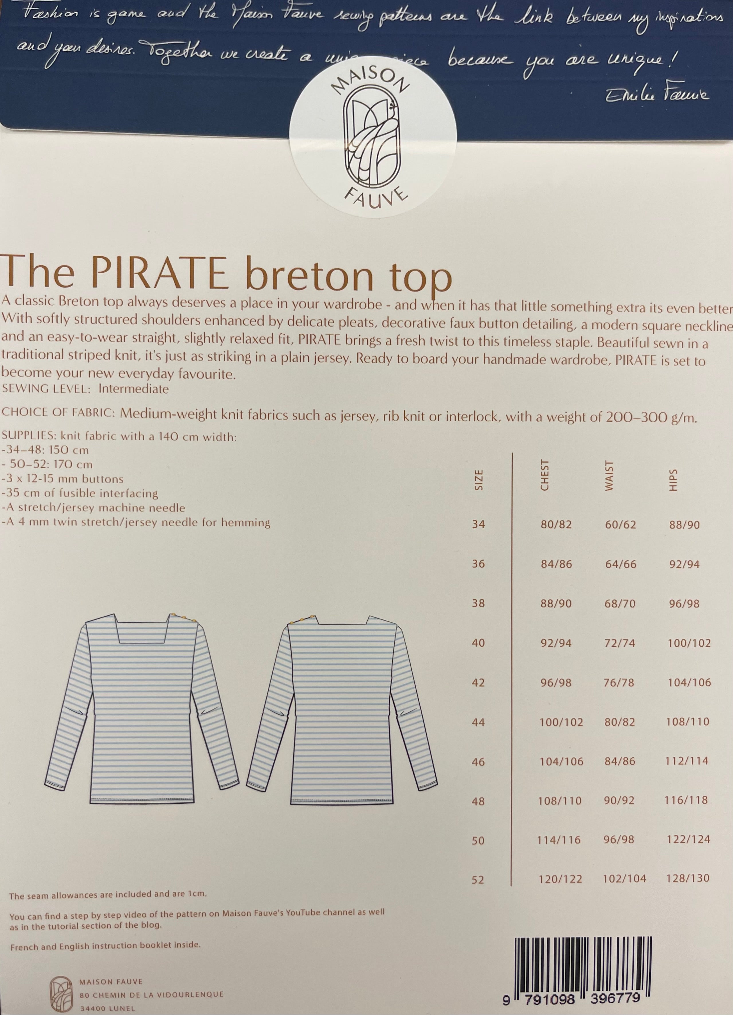 Sewing Kit - Pirate Breton Top in Stripe French Terry Fabric (available in kids & ladies)