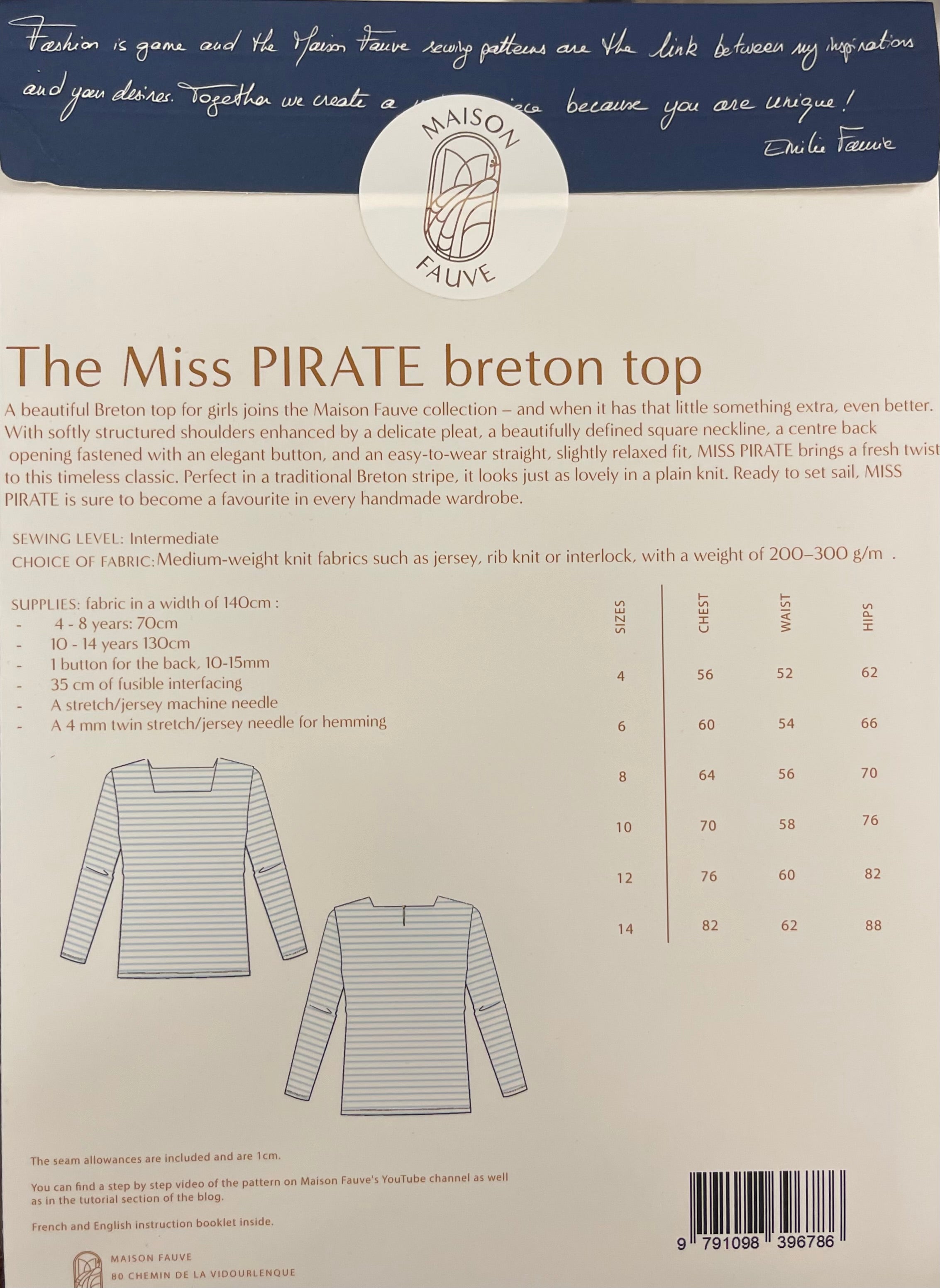Sewing Kit - Pirate Breton Top in Stripe French Terry Fabric (available in kids & ladies)
