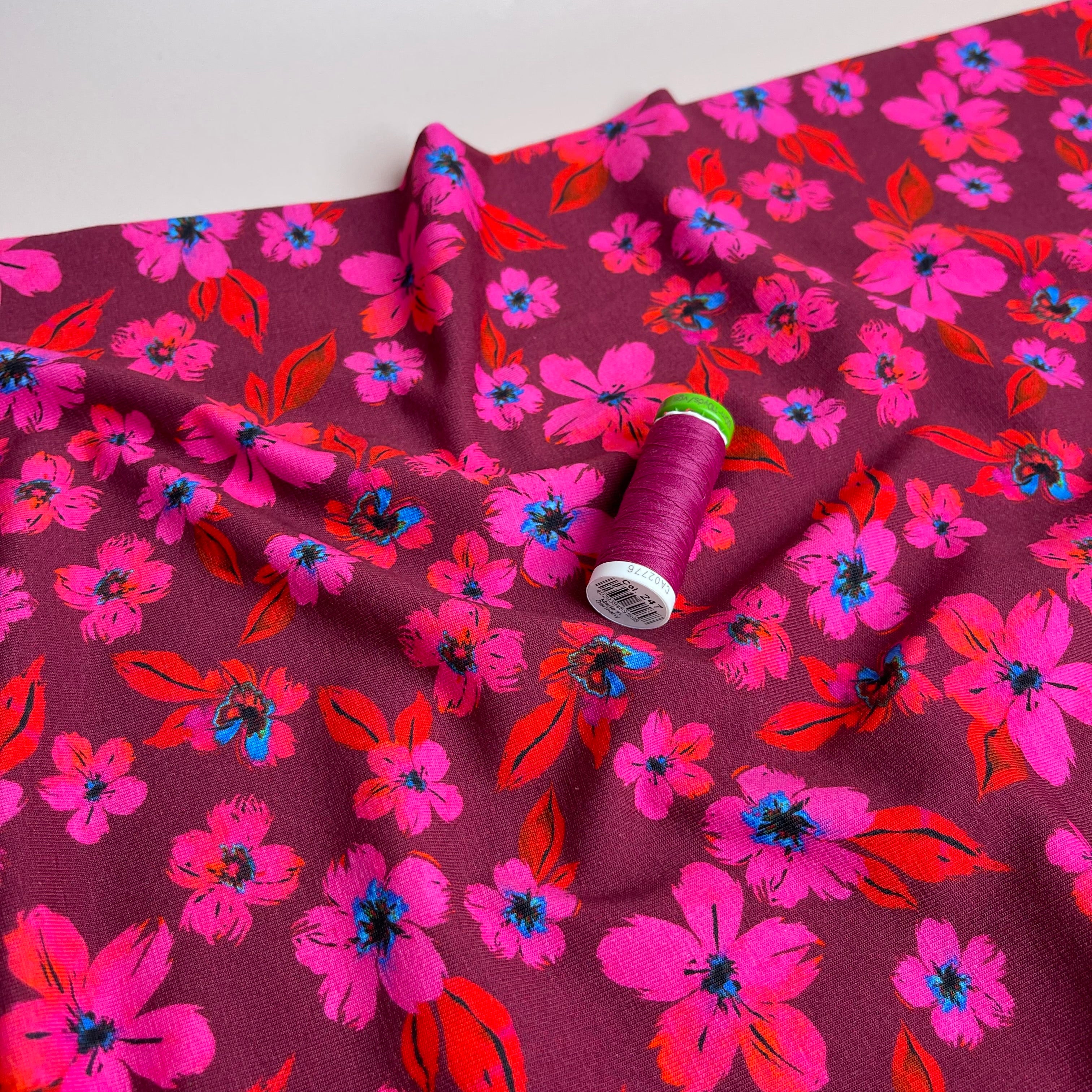 Cerise Blooms Cotton Jersey Fabric