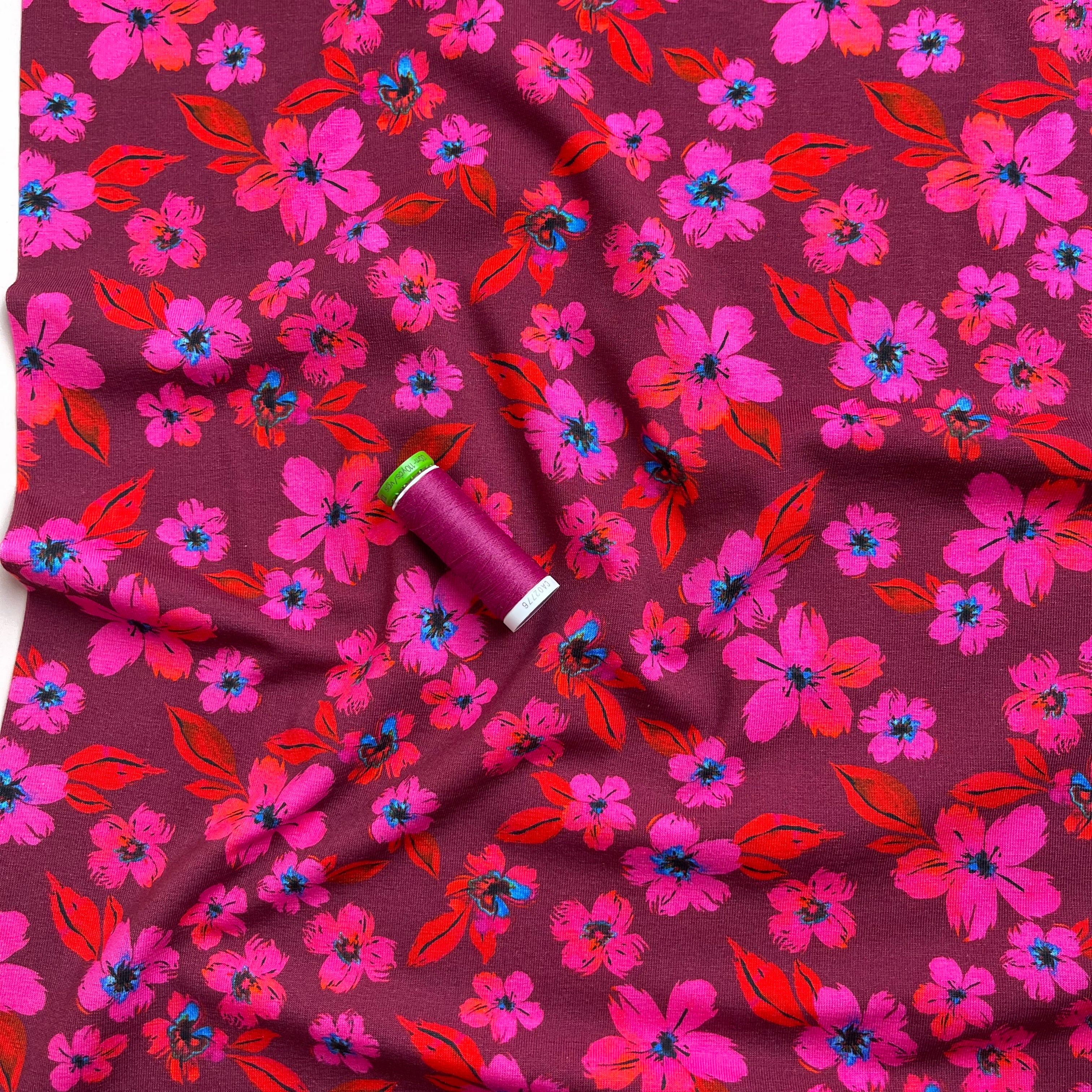 Cerise Blooms Cotton Jersey Fabric