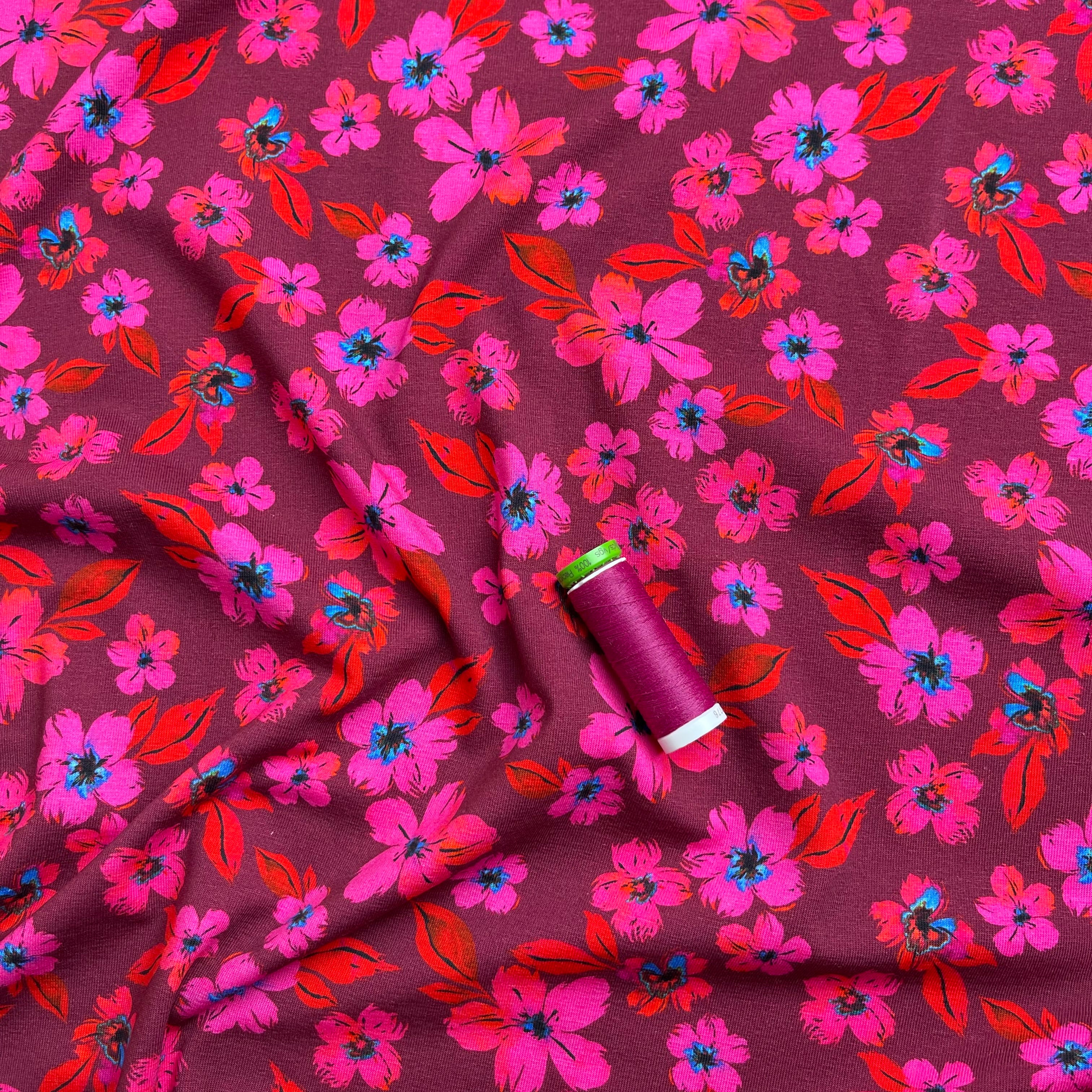 Cerise Blooms Cotton Jersey Fabric