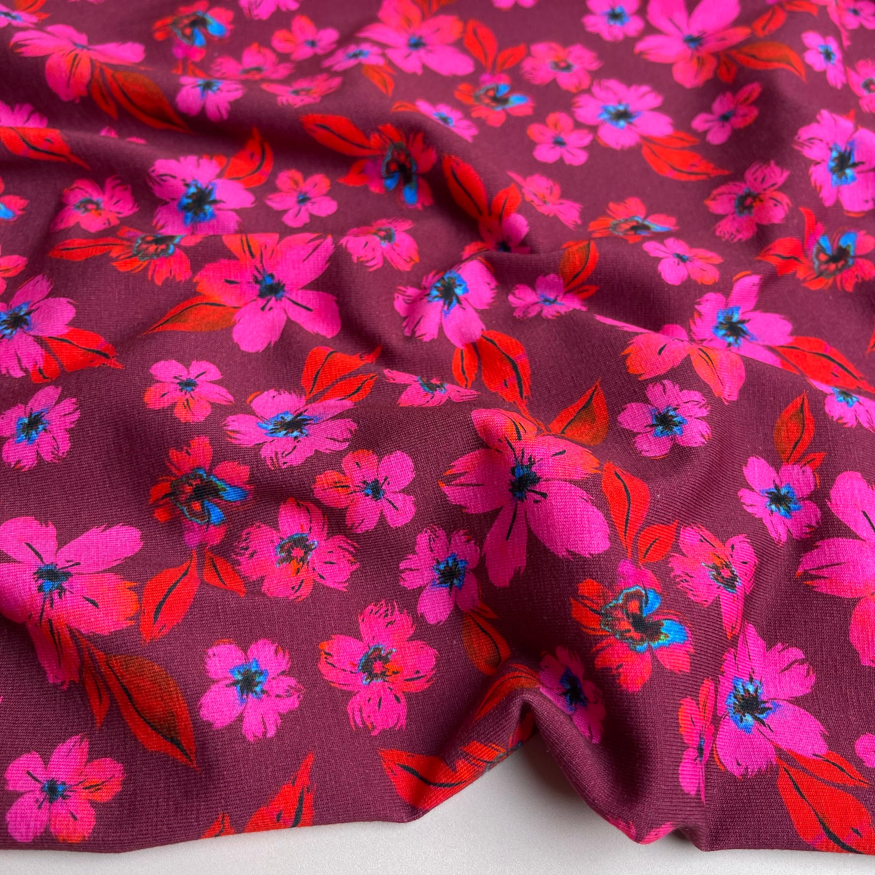 Cerise Blooms Cotton Jersey Fabric