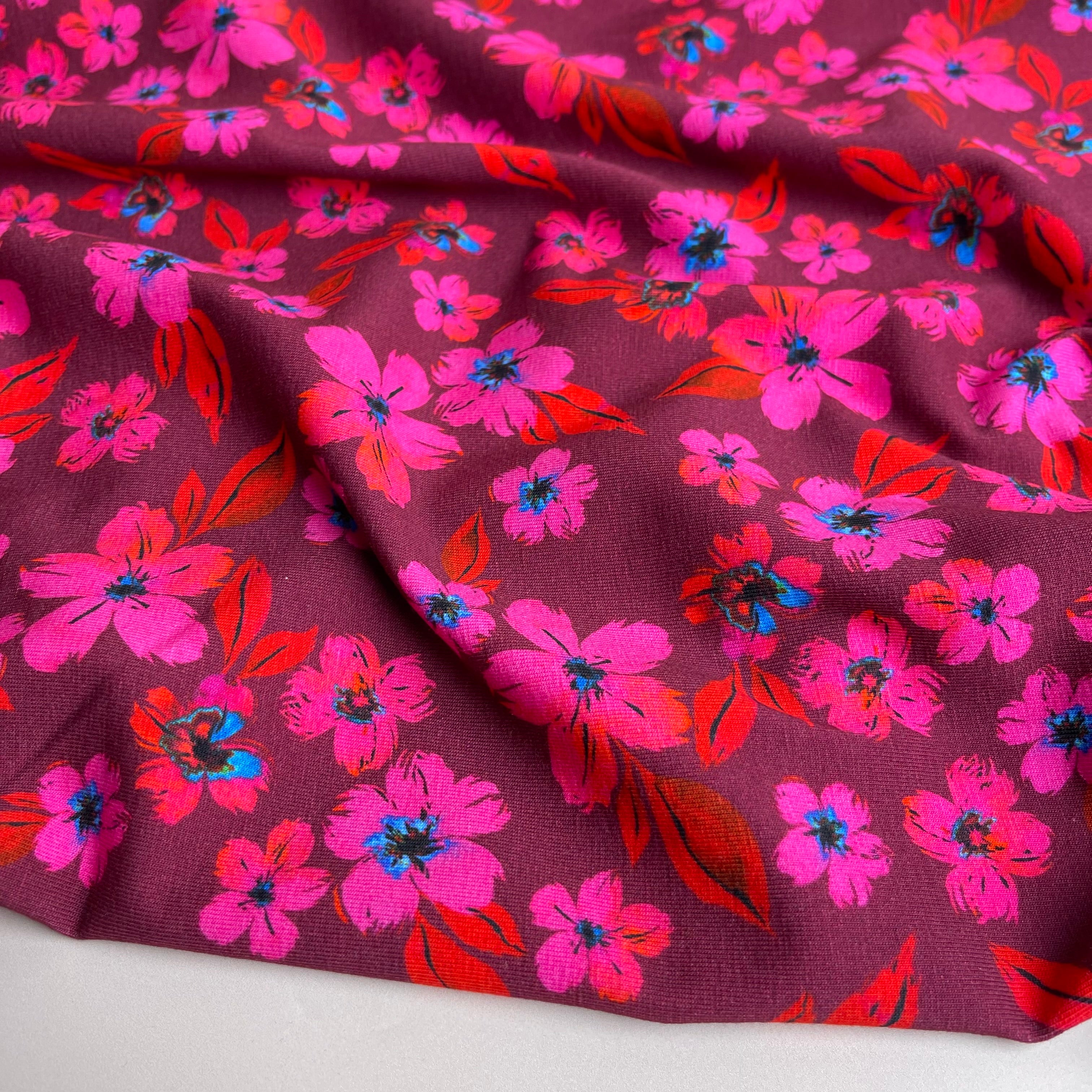 Cerise Blooms Cotton Jersey Fabric