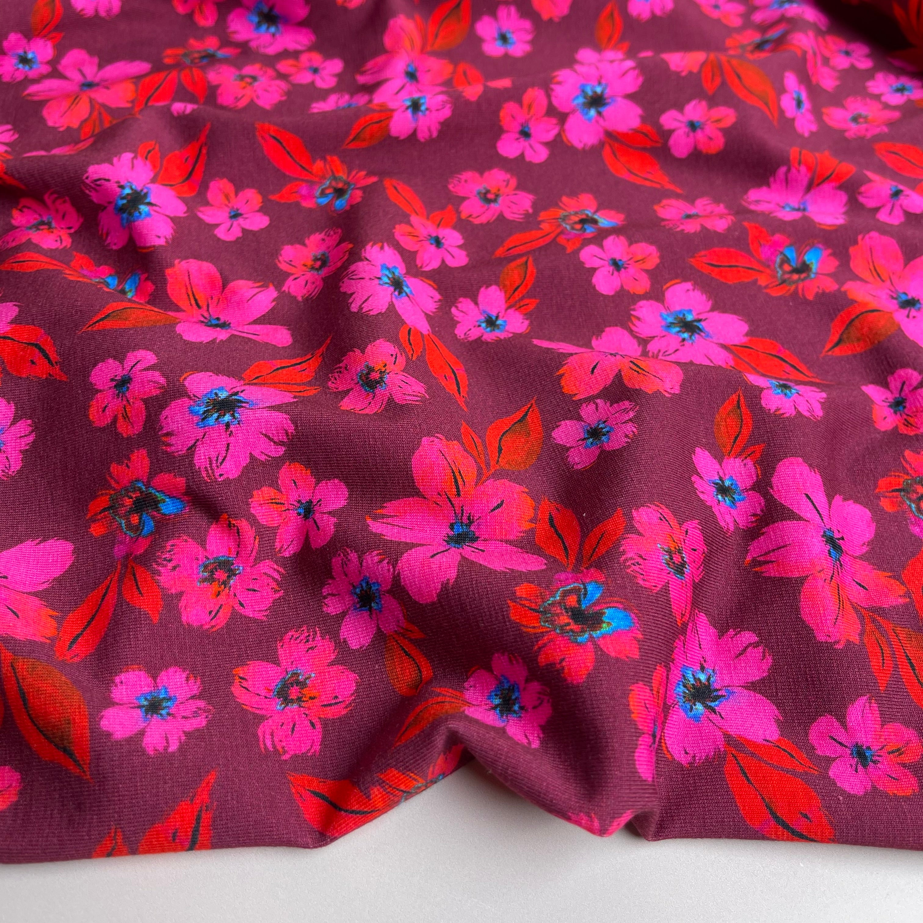 Cerise Blooms Cotton Jersey Fabric