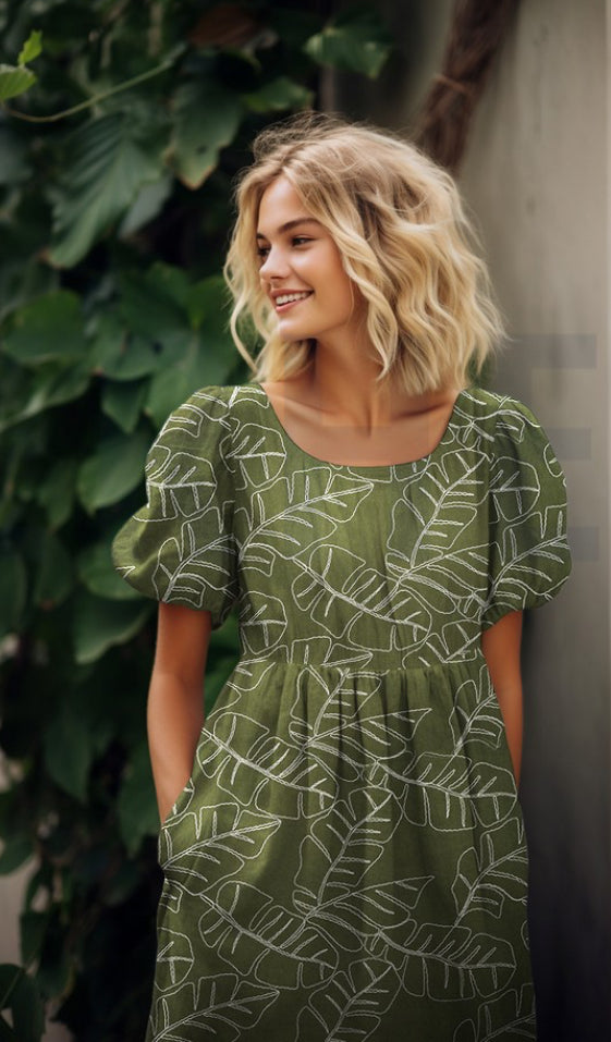 Embroidered Foliage Linen Viscose Blend Fabric in Cactus Green