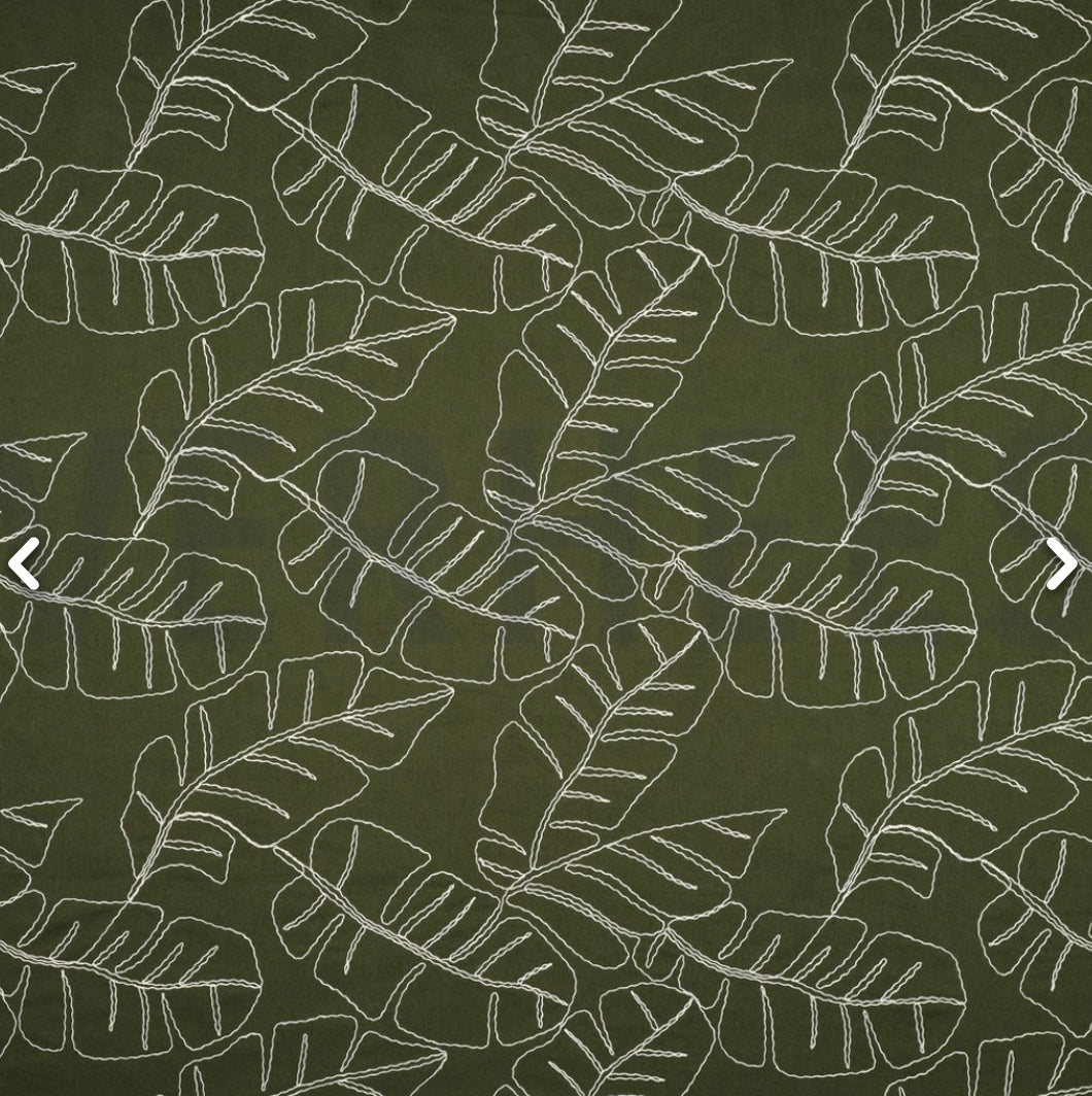 Embroidered Foliage Linen Viscose Blend Fabric in Cactus Green