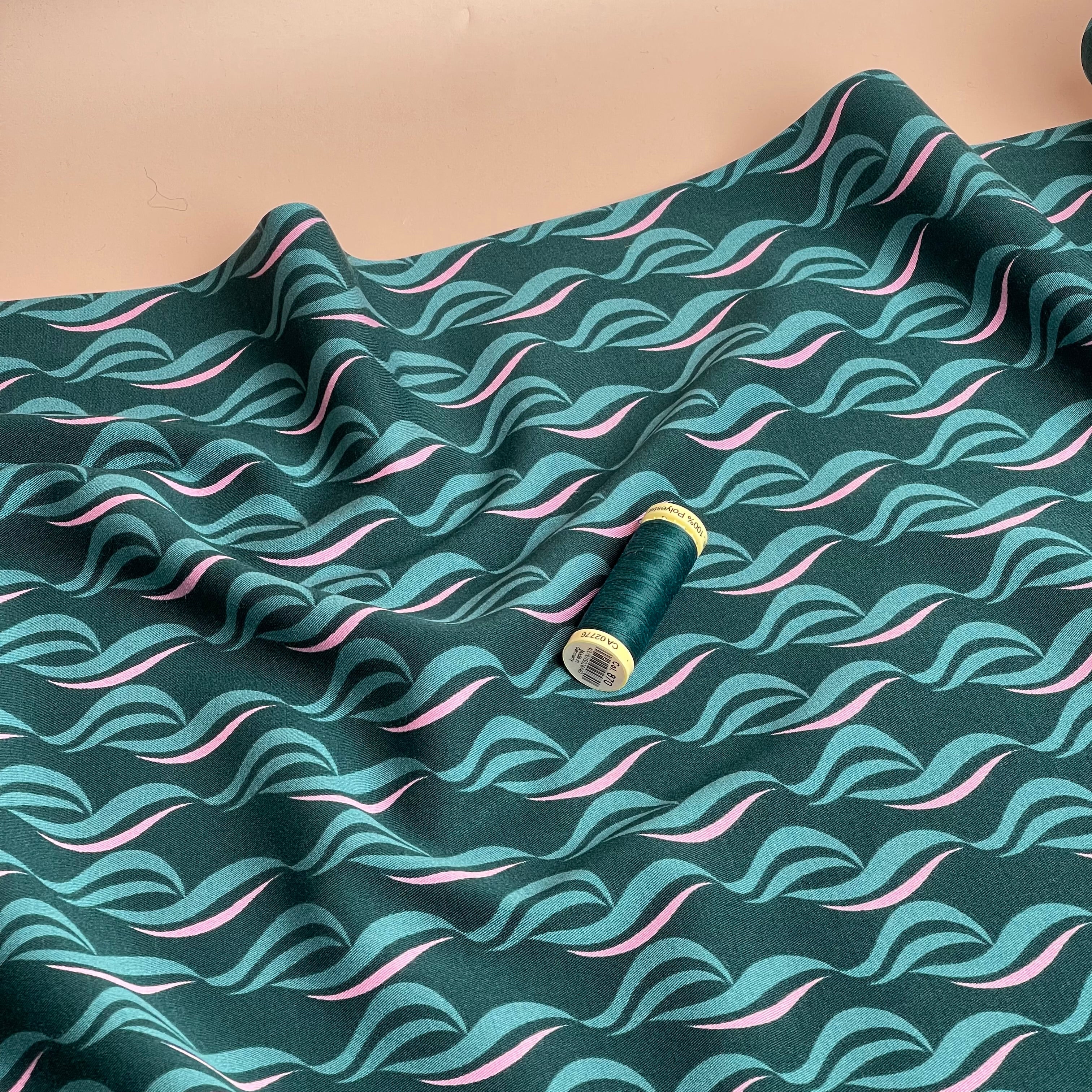 Rosella Waves on Teal Viscose Twill with Stretch