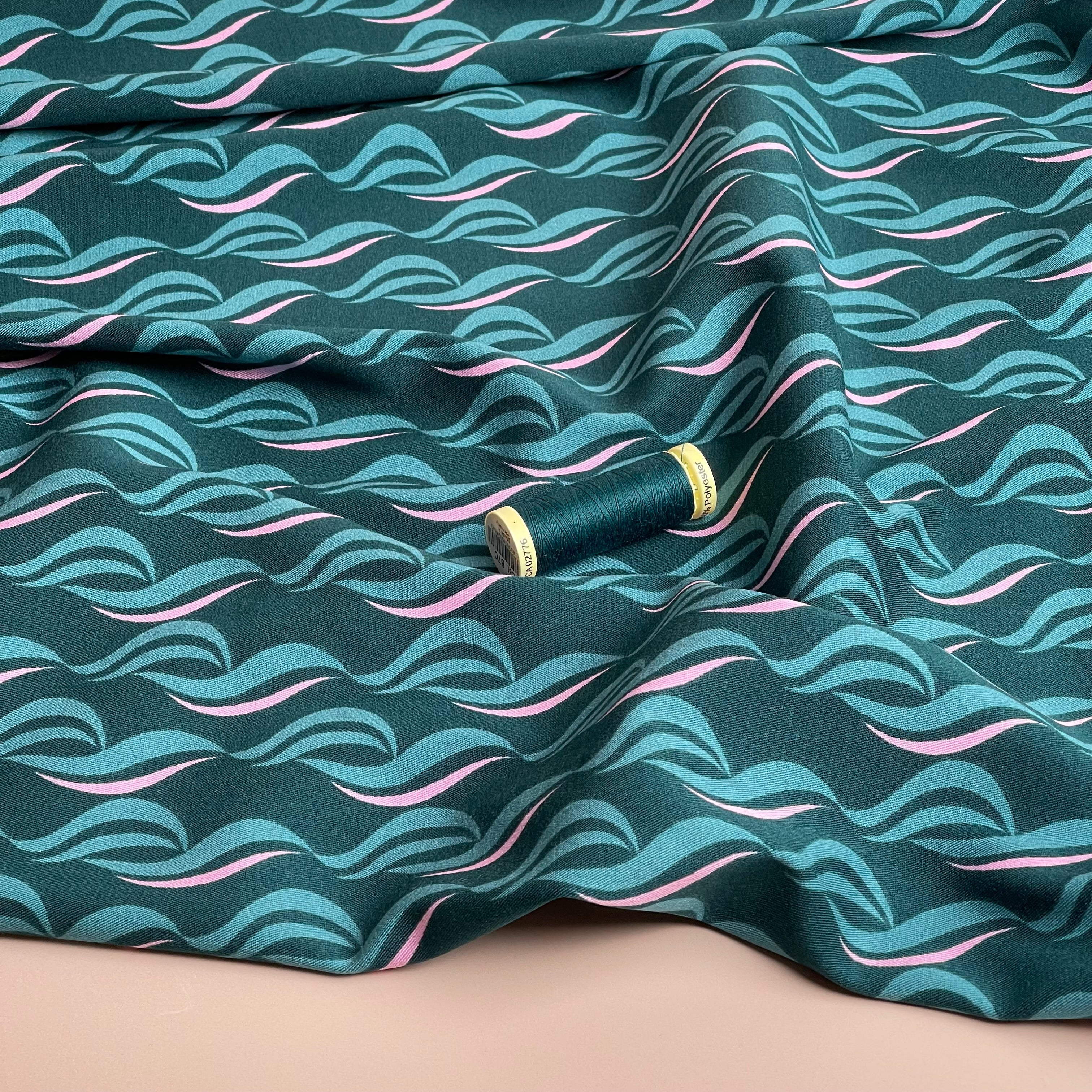 Rosella Waves on Teal Viscose Twill with Stretch