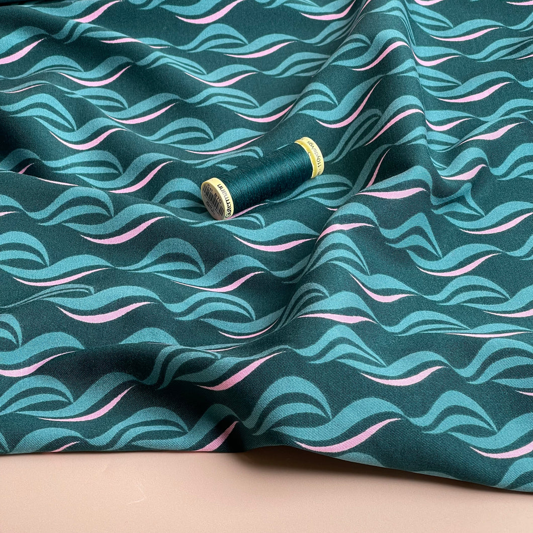 Rosella Waves on Teal Viscose Twill with Stretch