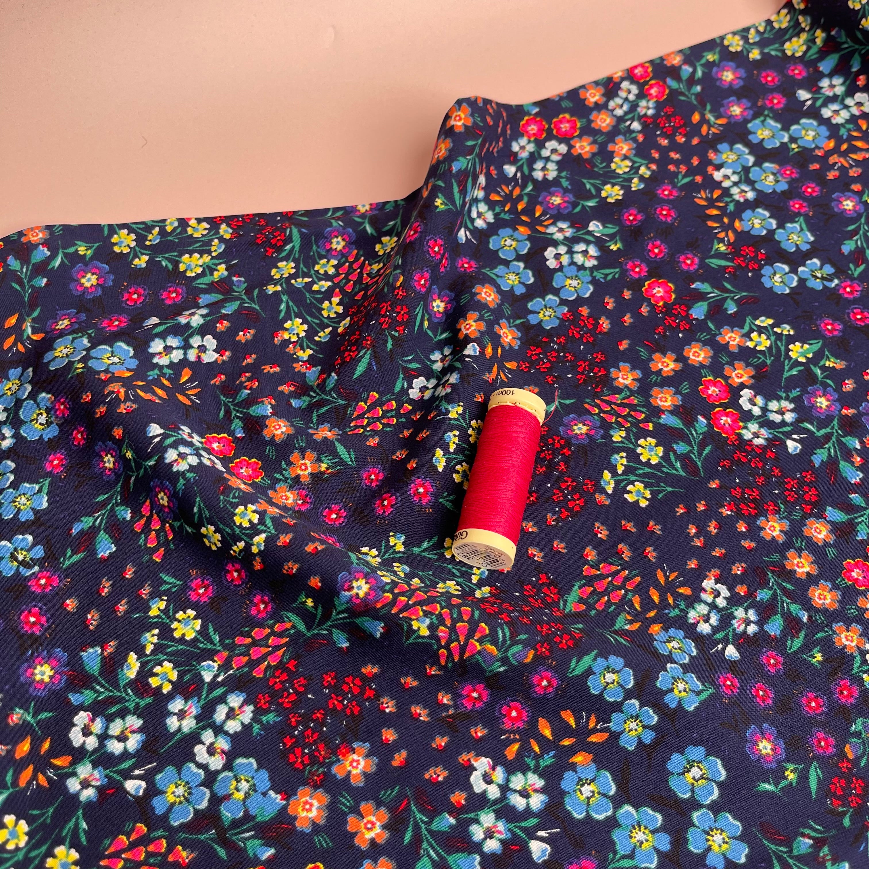 Ditsy Flowers on Dark Navy Viscose Fabric