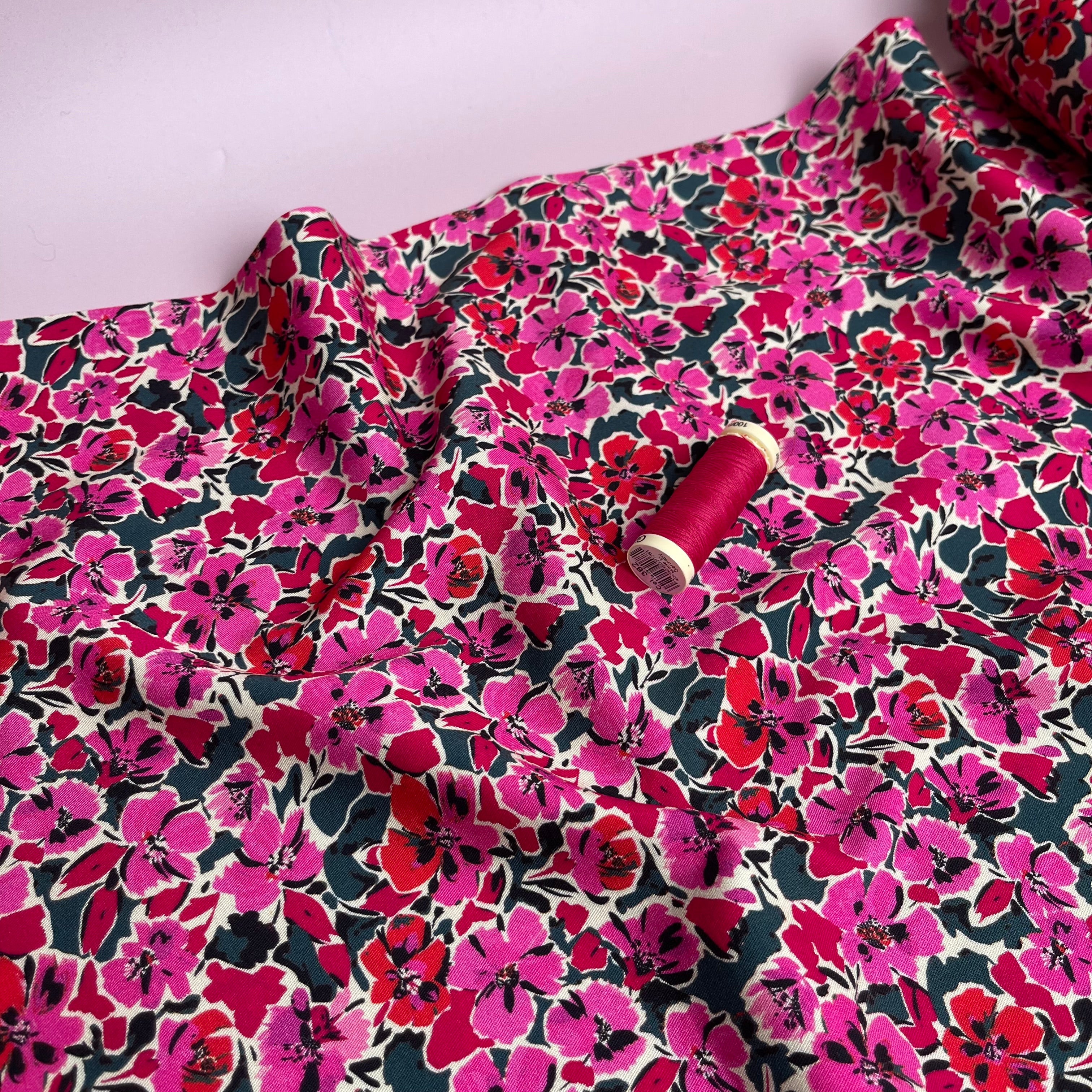 Rosella Pink Flowers Viscose Twill with Stretch