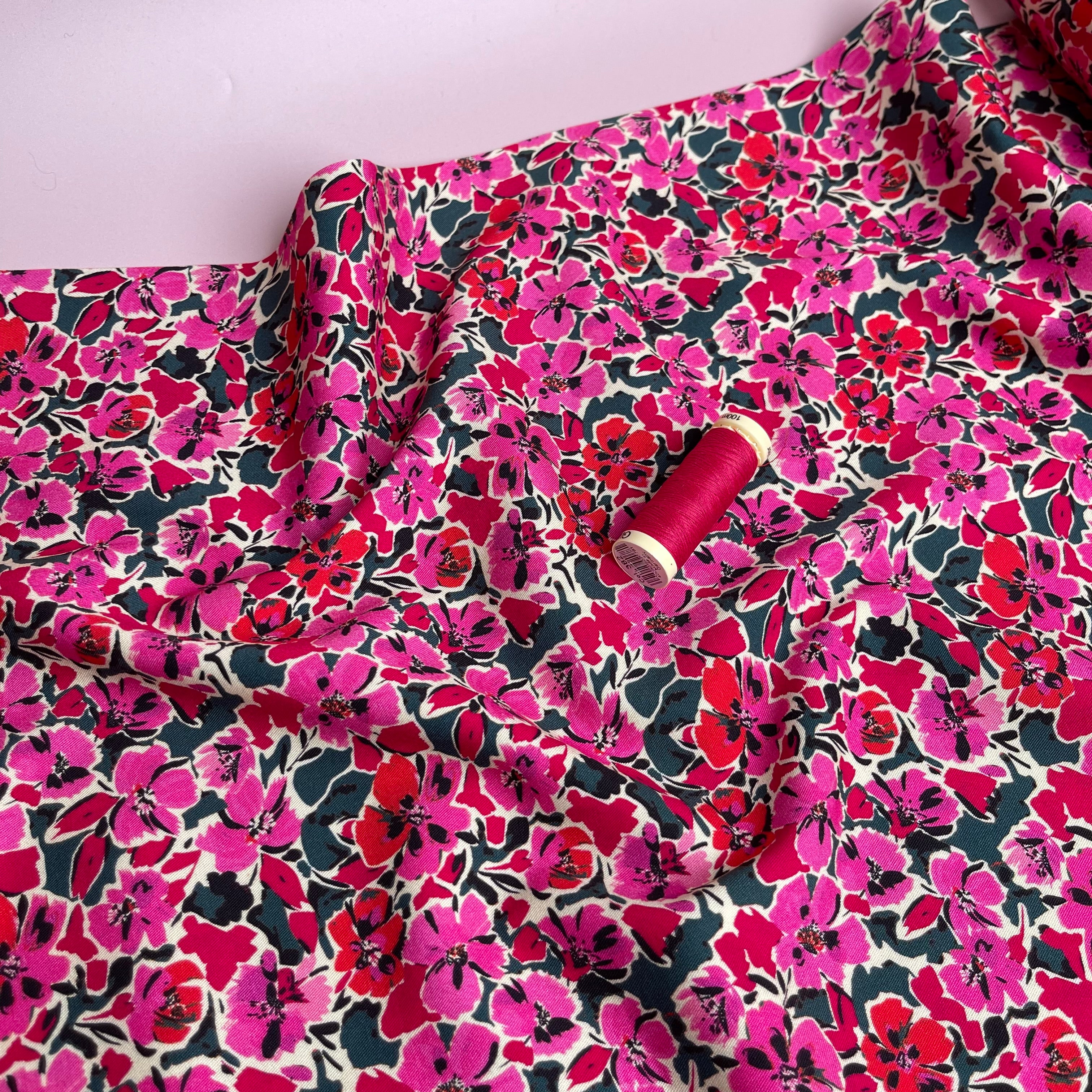 Rosella Pink Flowers Viscose Twill with Stretch