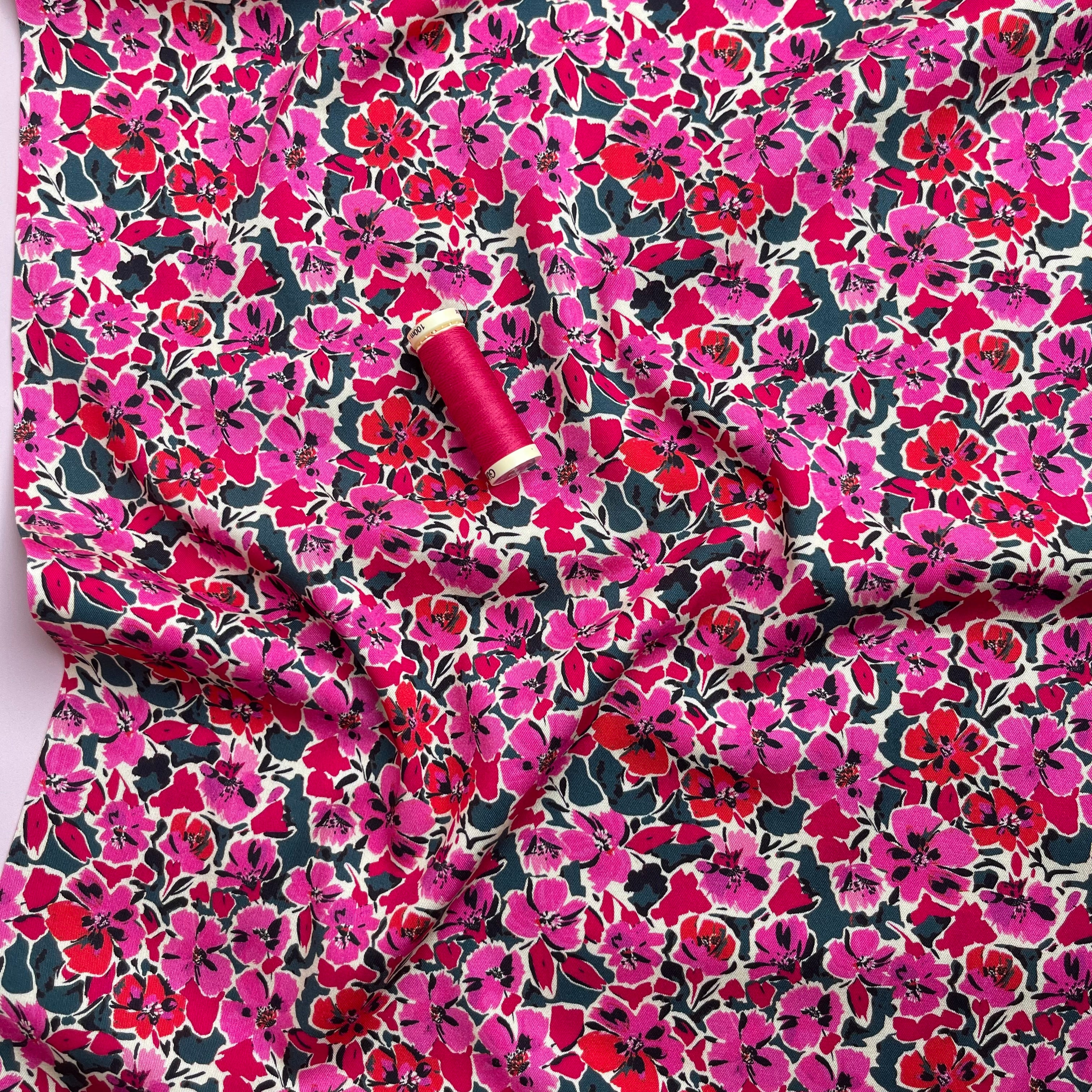 Rosella Pink Flowers Viscose Twill with Stretch