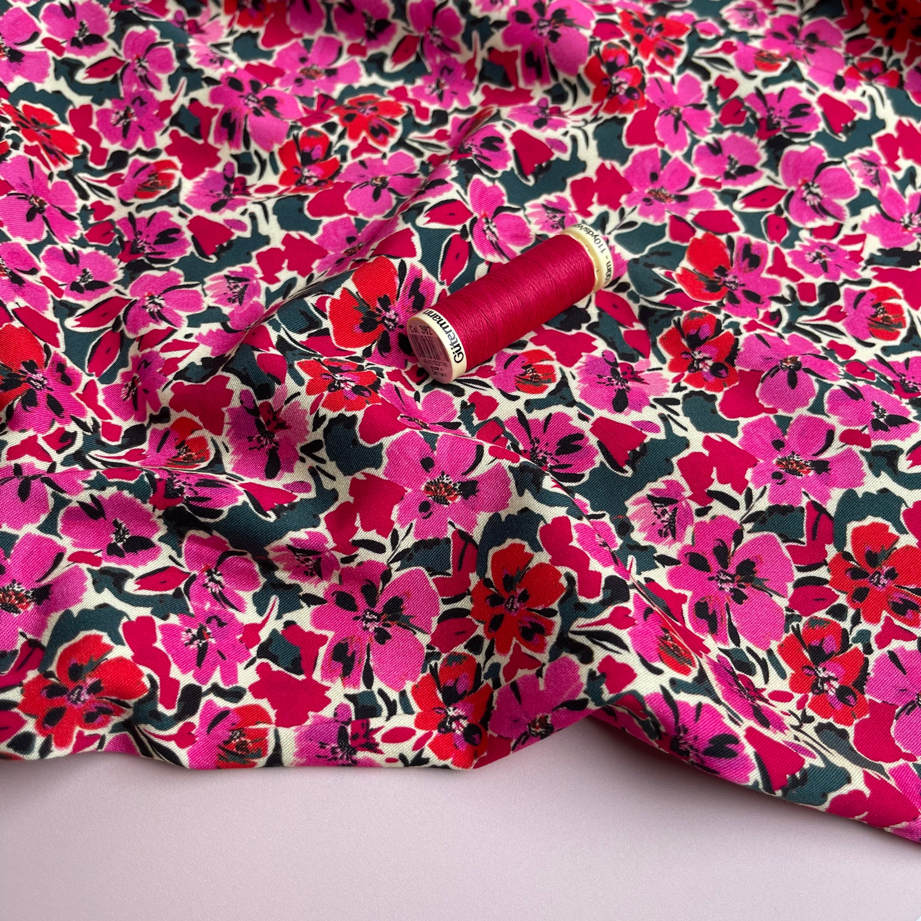 Rosella Pink Flowers Viscose Twill with Stretch