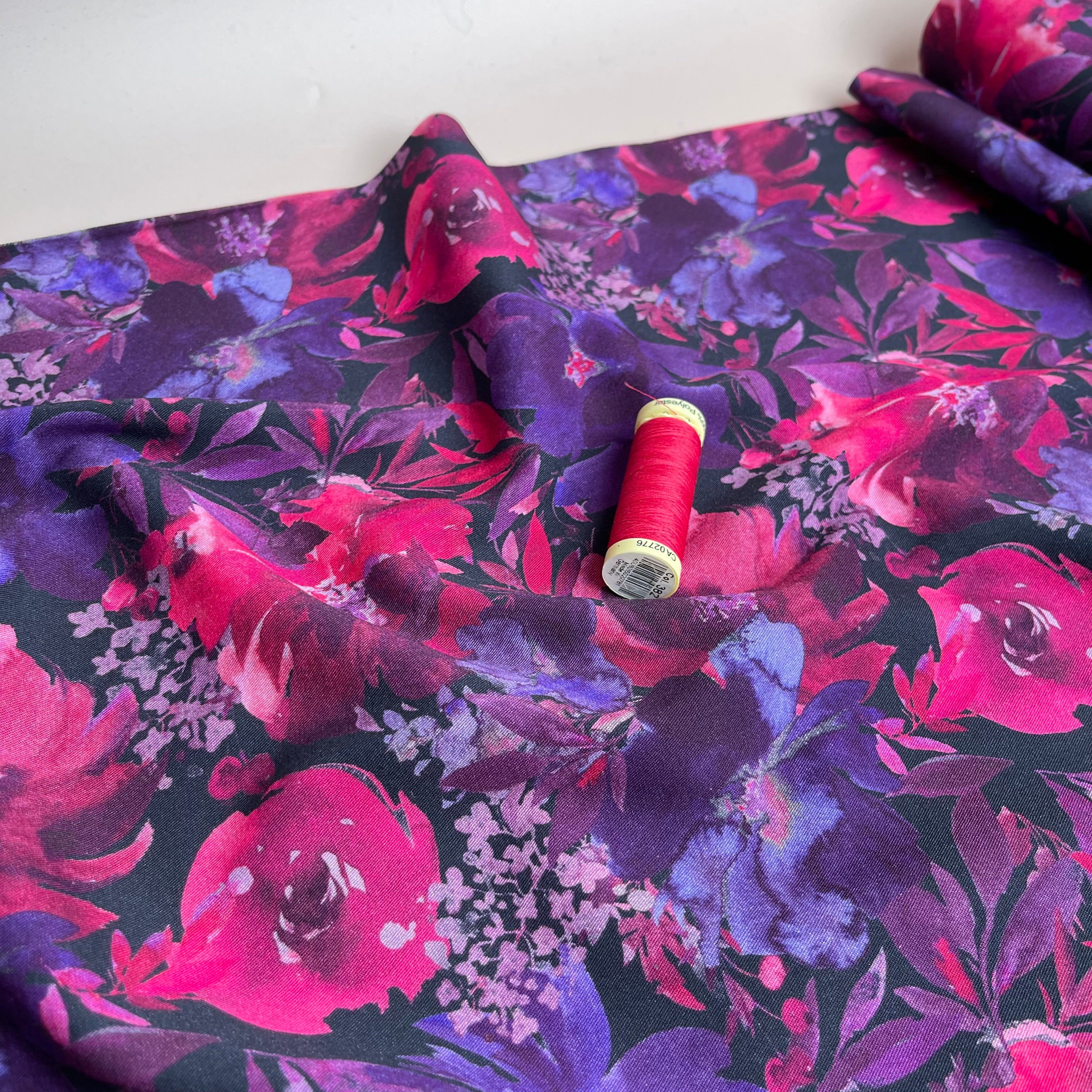 REMNANT 1.56 Metres - Rosella Purple Blooms Viscose Twill with Stretch