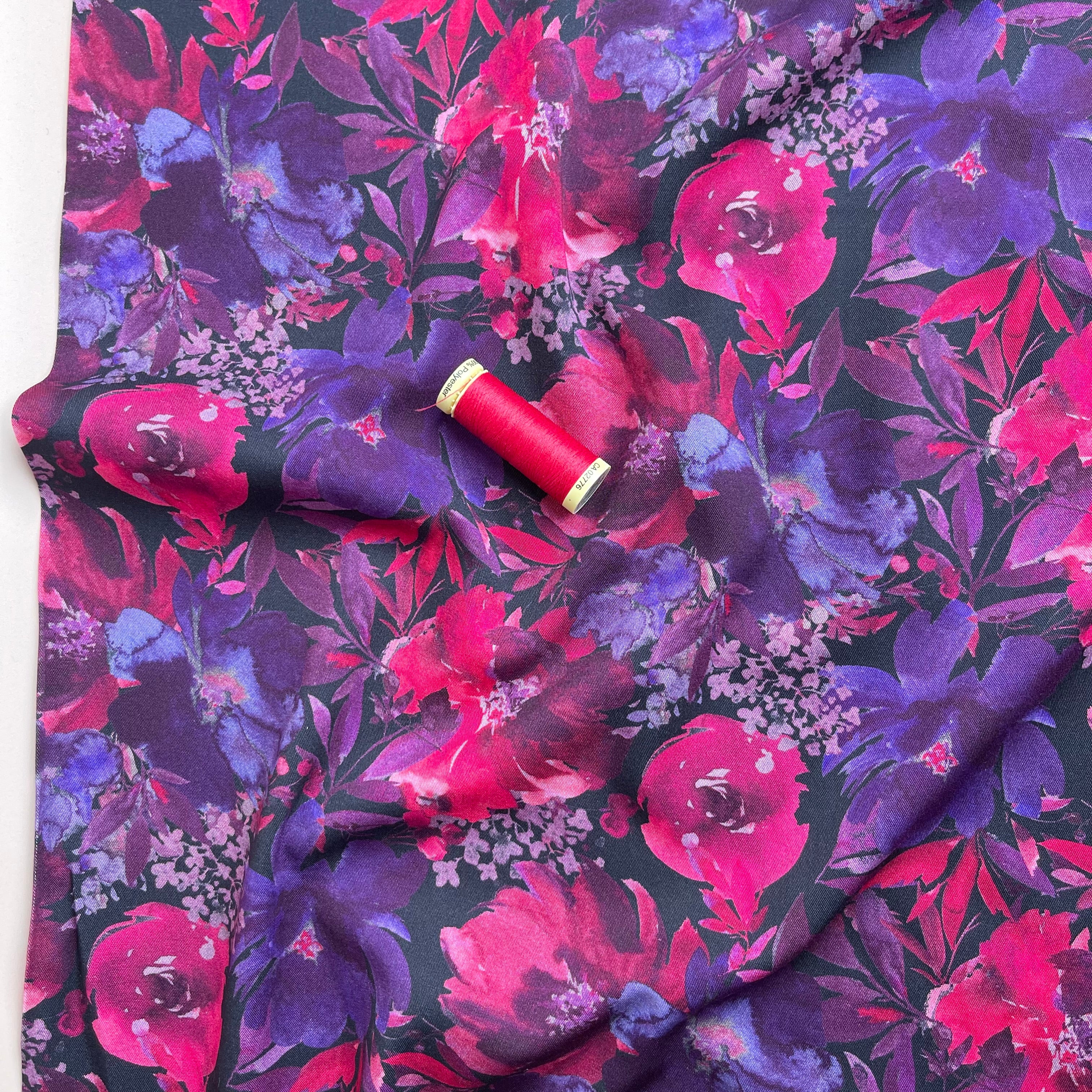 REMNANT 1.56 Metres - Rosella Purple Blooms Viscose Twill with Stretch