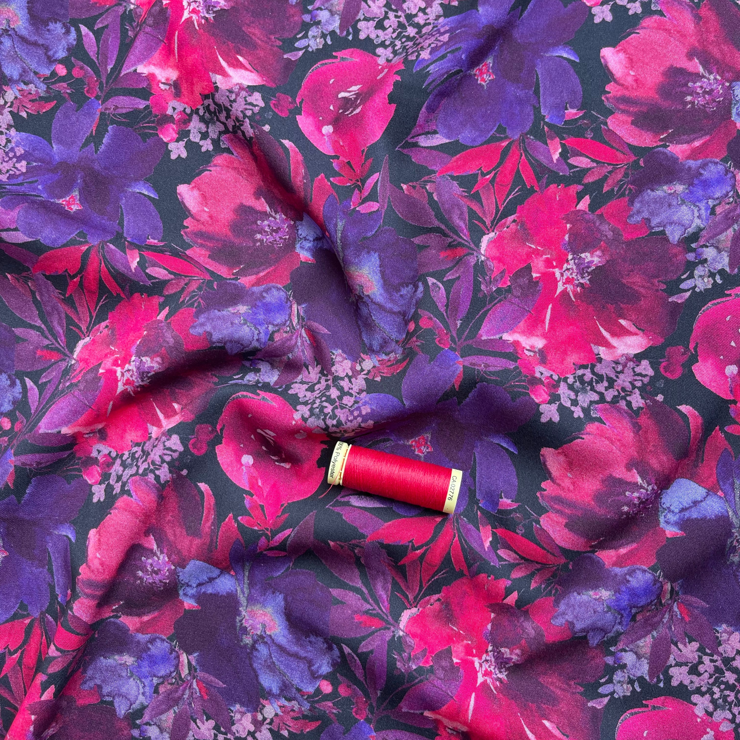 REMNANT 1.56 Metres - Rosella Purple Blooms Viscose Twill with Stretch