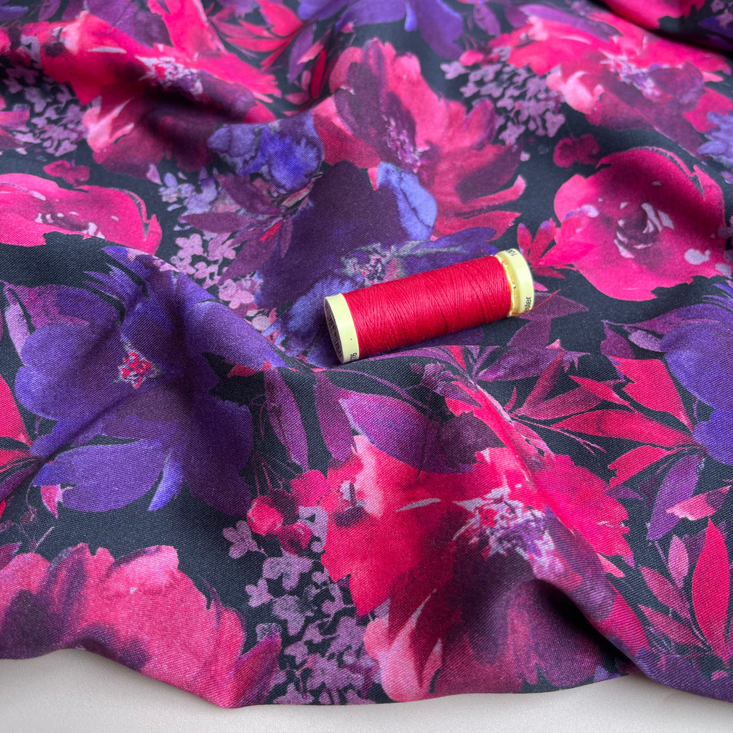 REMNANT 1.56 Metres - Rosella Purple Blooms Viscose Twill with Stretch