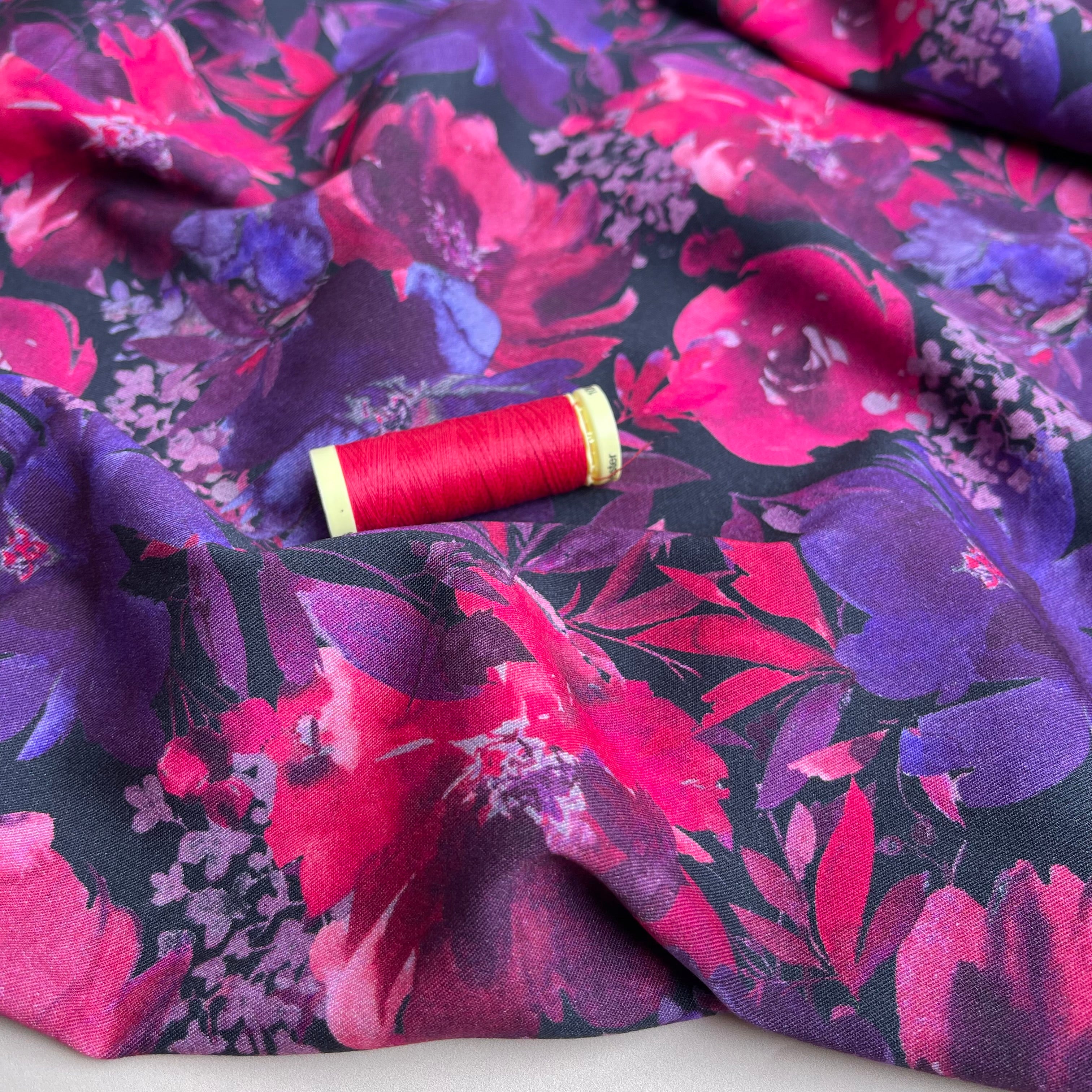 REMNANT 1.56 Metres - Rosella Purple Blooms Viscose Twill with Stretch