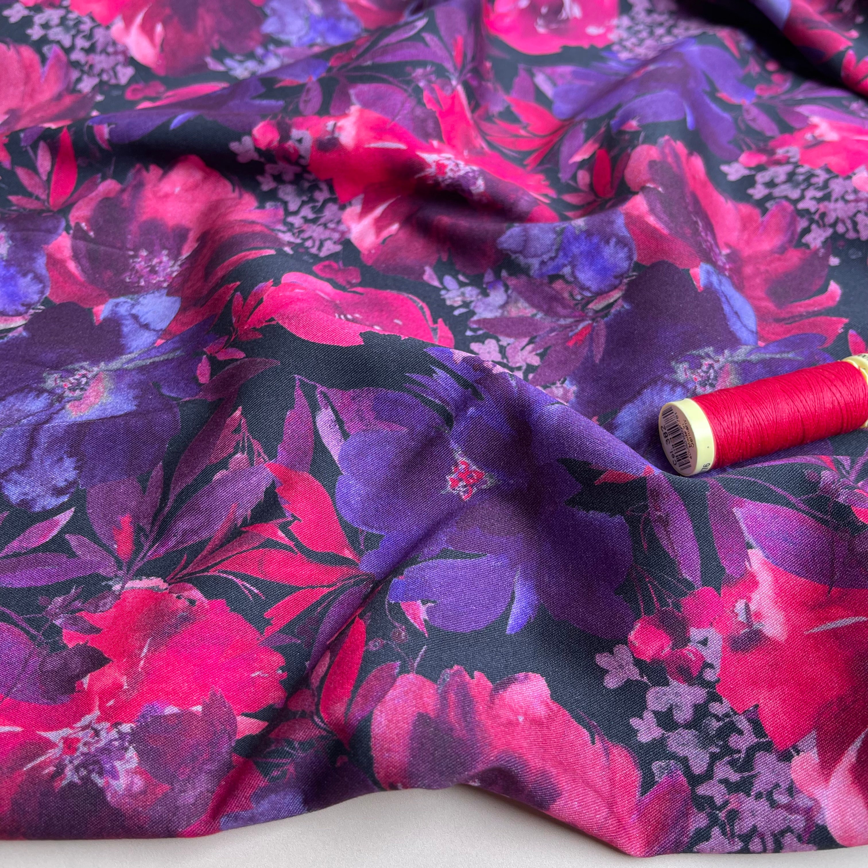 REMNANT 1.56 Metres - Rosella Purple Blooms Viscose Twill with Stretch