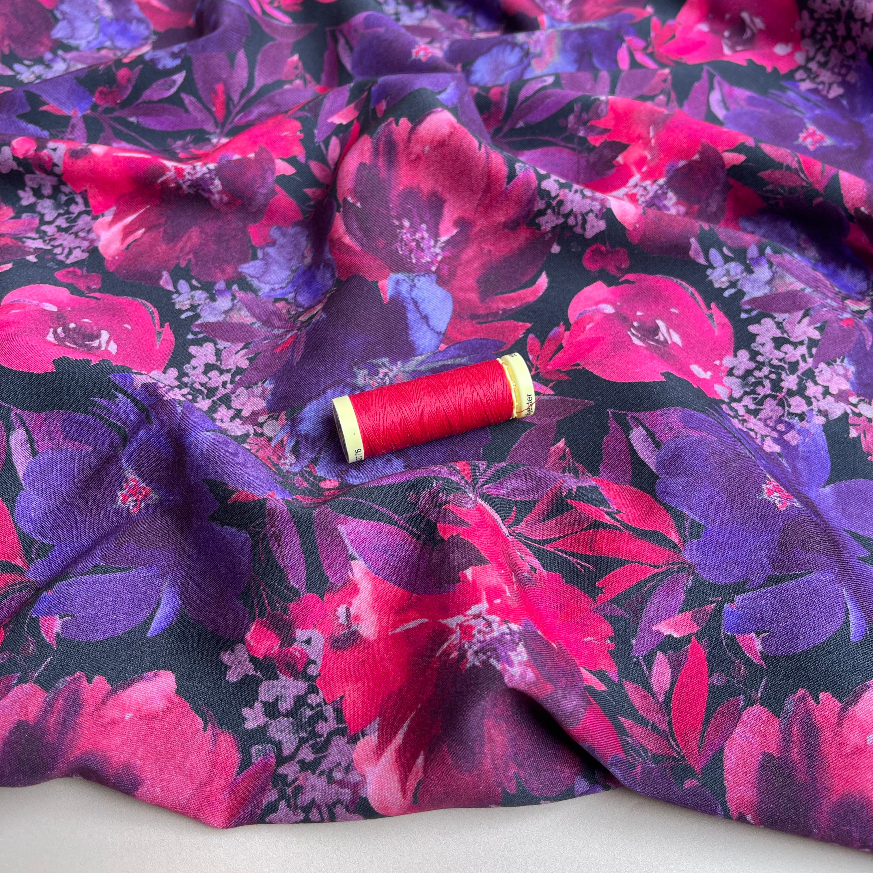 REMNANT 1.56 Metres - Rosella Purple Blooms Viscose Twill with Stretch