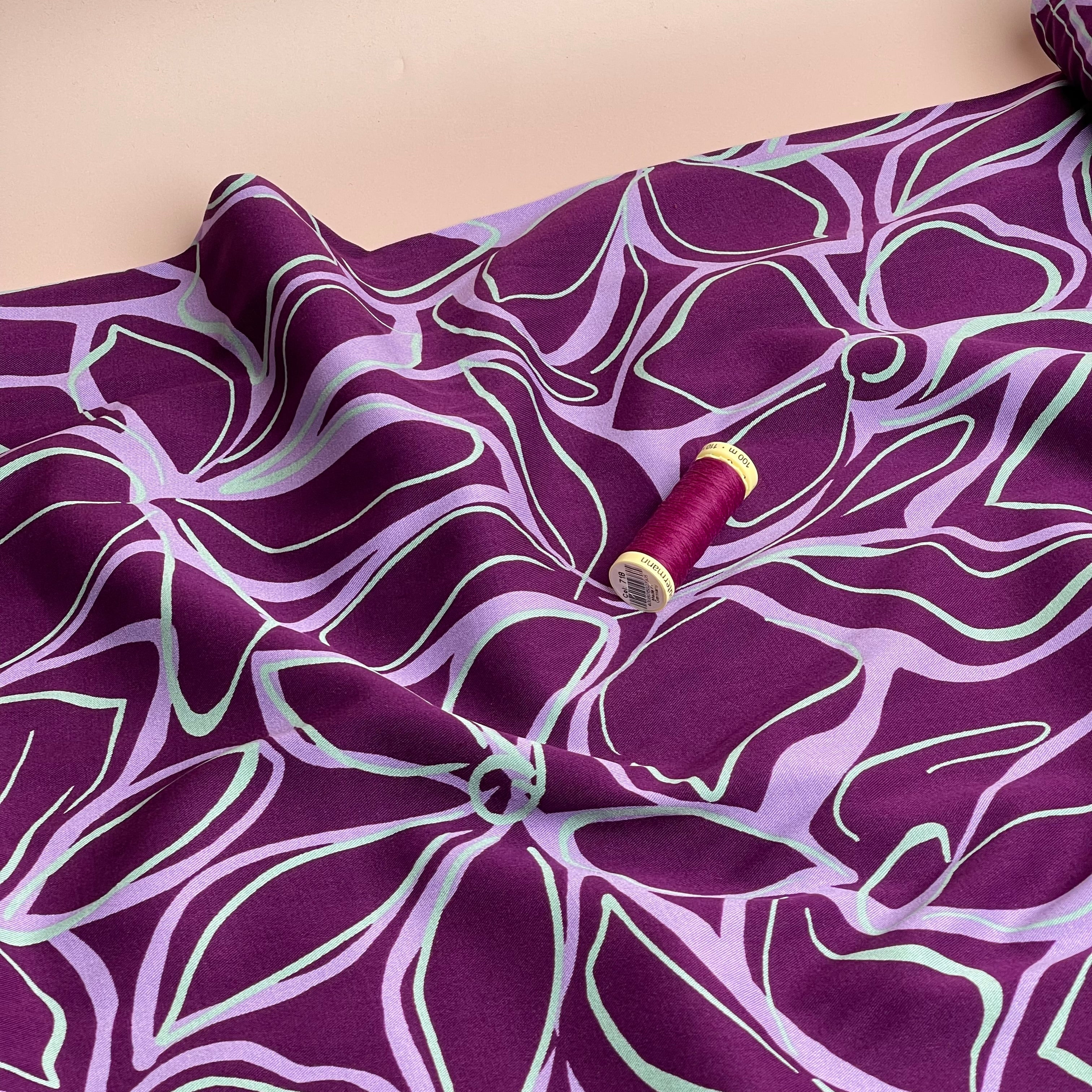 REMNANT 0.6 Metre - Rosella Line Flowers Violet Viscose Twill with Stretch