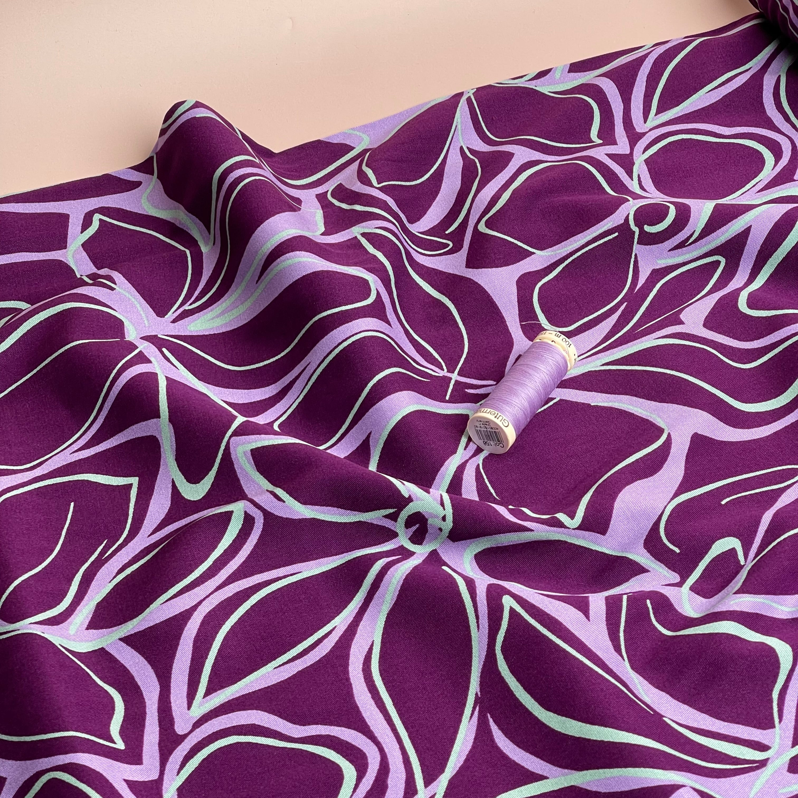 REMNANT 0.6 Metre - Rosella Line Flowers Violet Viscose Twill with Stretch