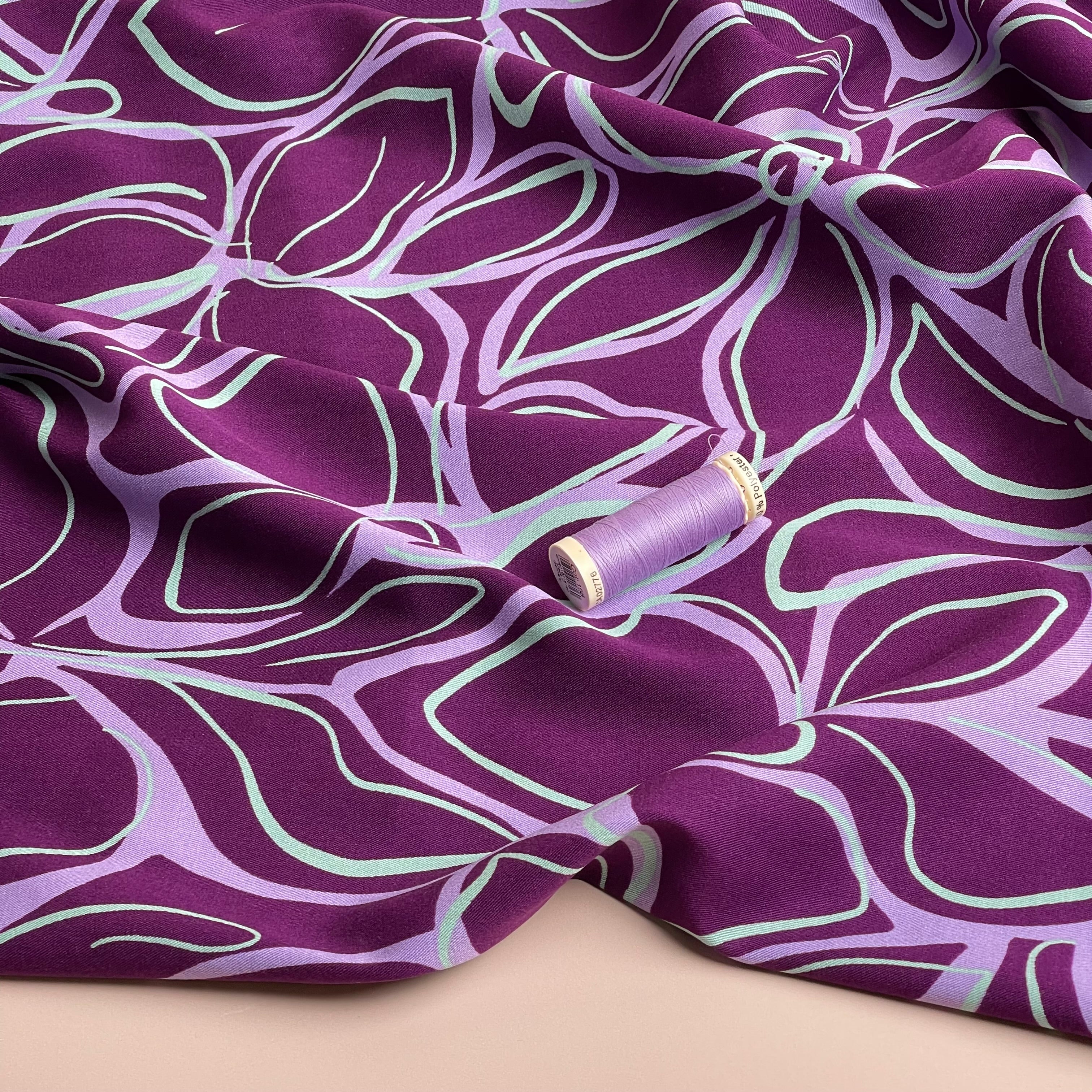 REMNANT 0.6 Metre - Rosella Line Flowers Violet Viscose Twill with Stretch