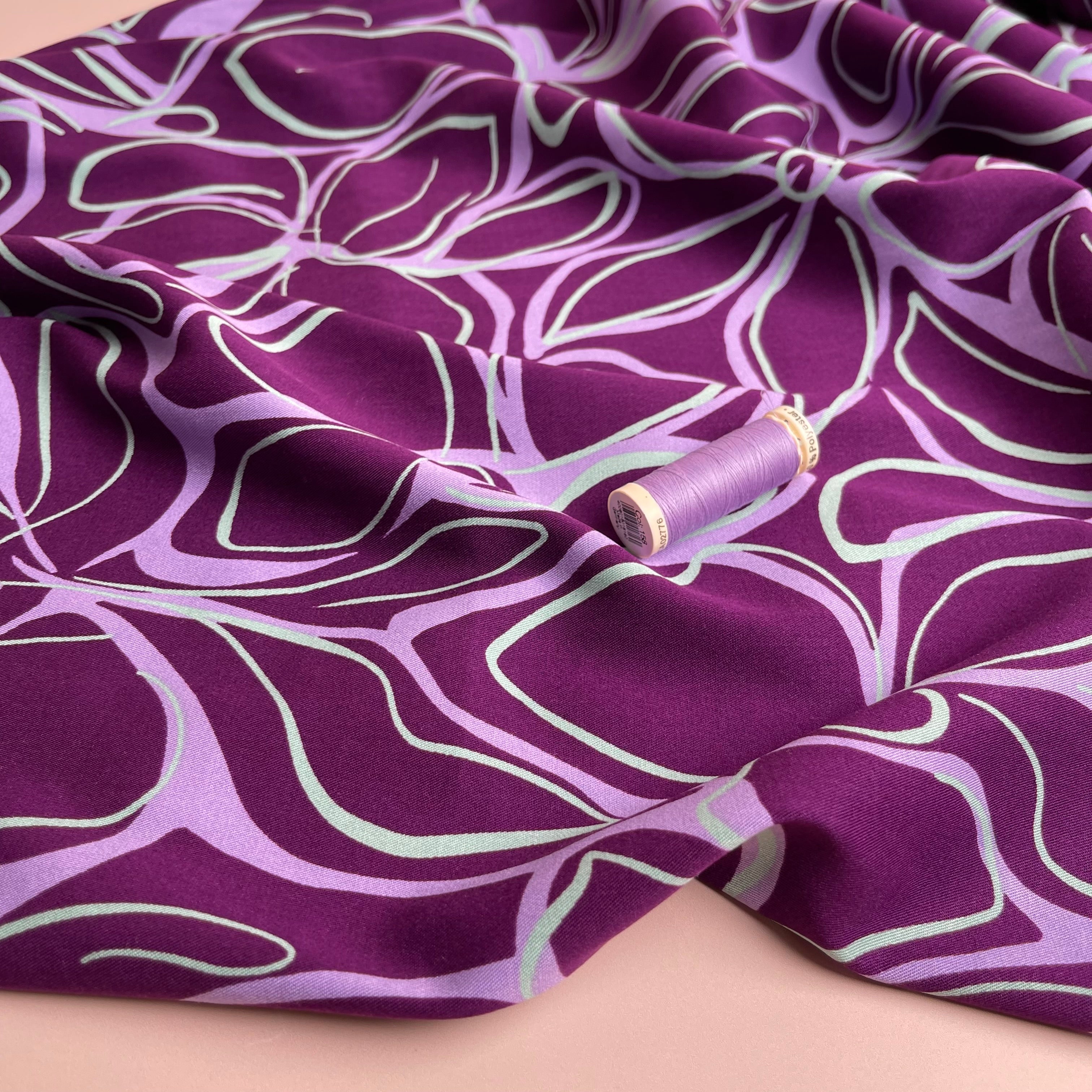 REMNANT 0.6 Metre - Rosella Line Flowers Violet Viscose Twill with Stretch