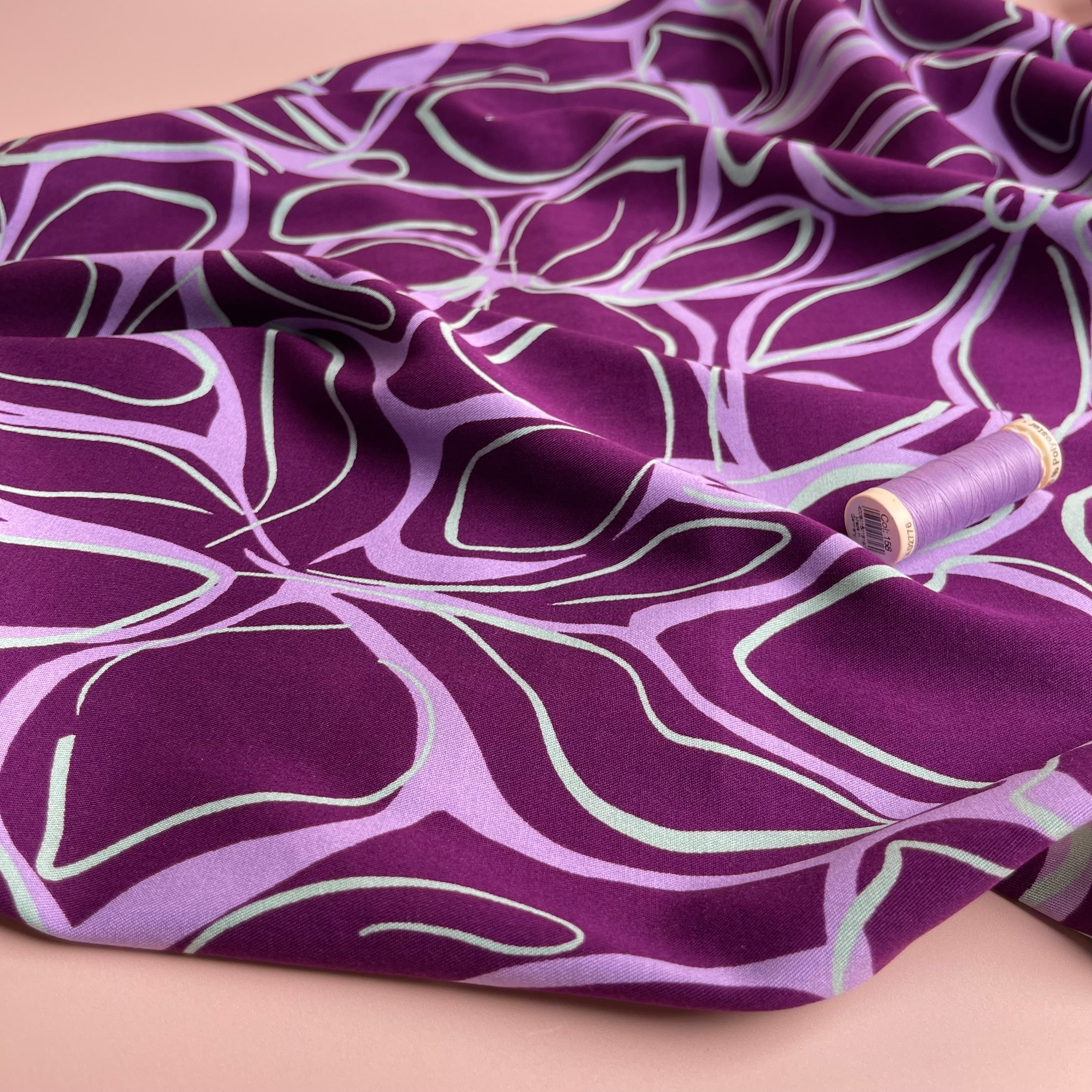 REMNANT 0.6 Metre - Rosella Line Flowers Violet Viscose Twill with Stretch