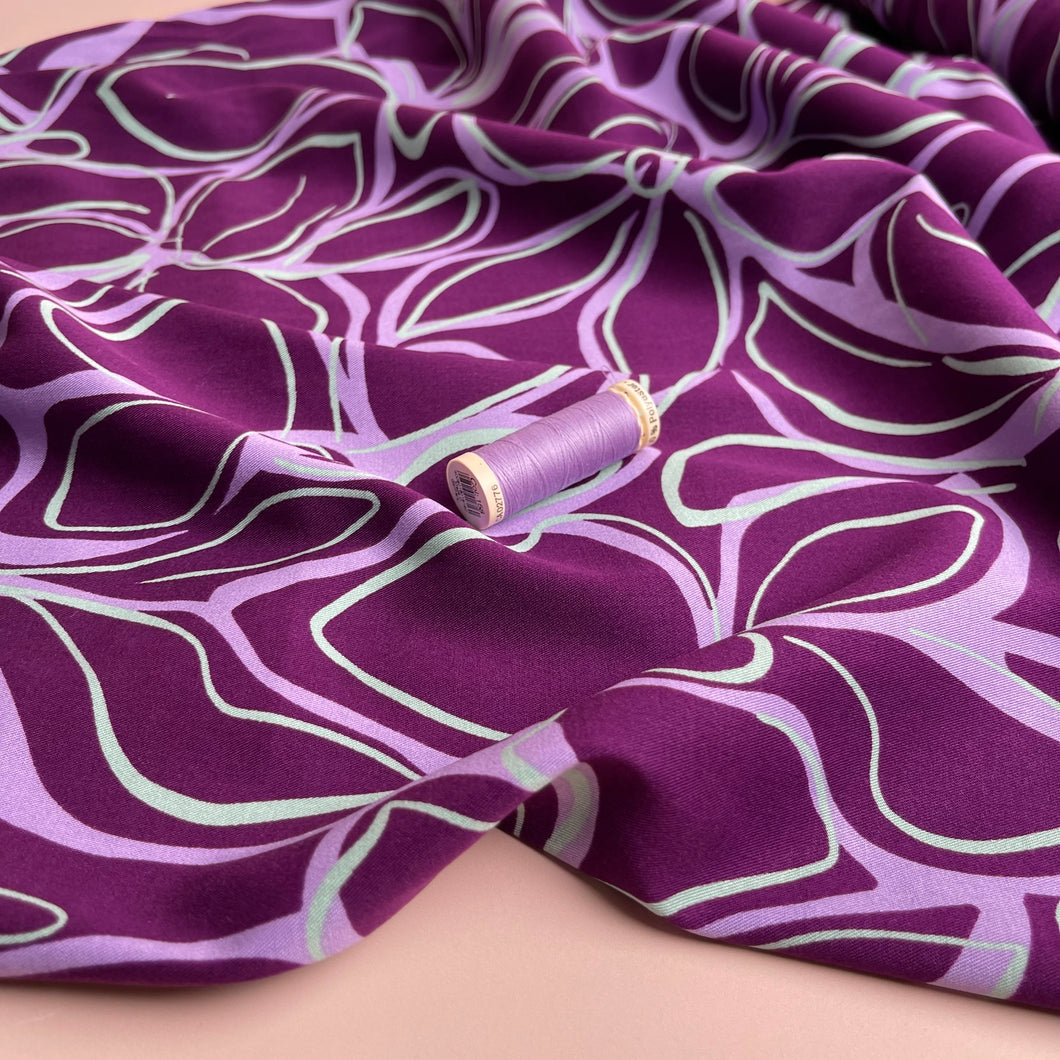 REMNANT 0.6 Metre - Rosella Line Flowers Violet Viscose Twill with Stretch