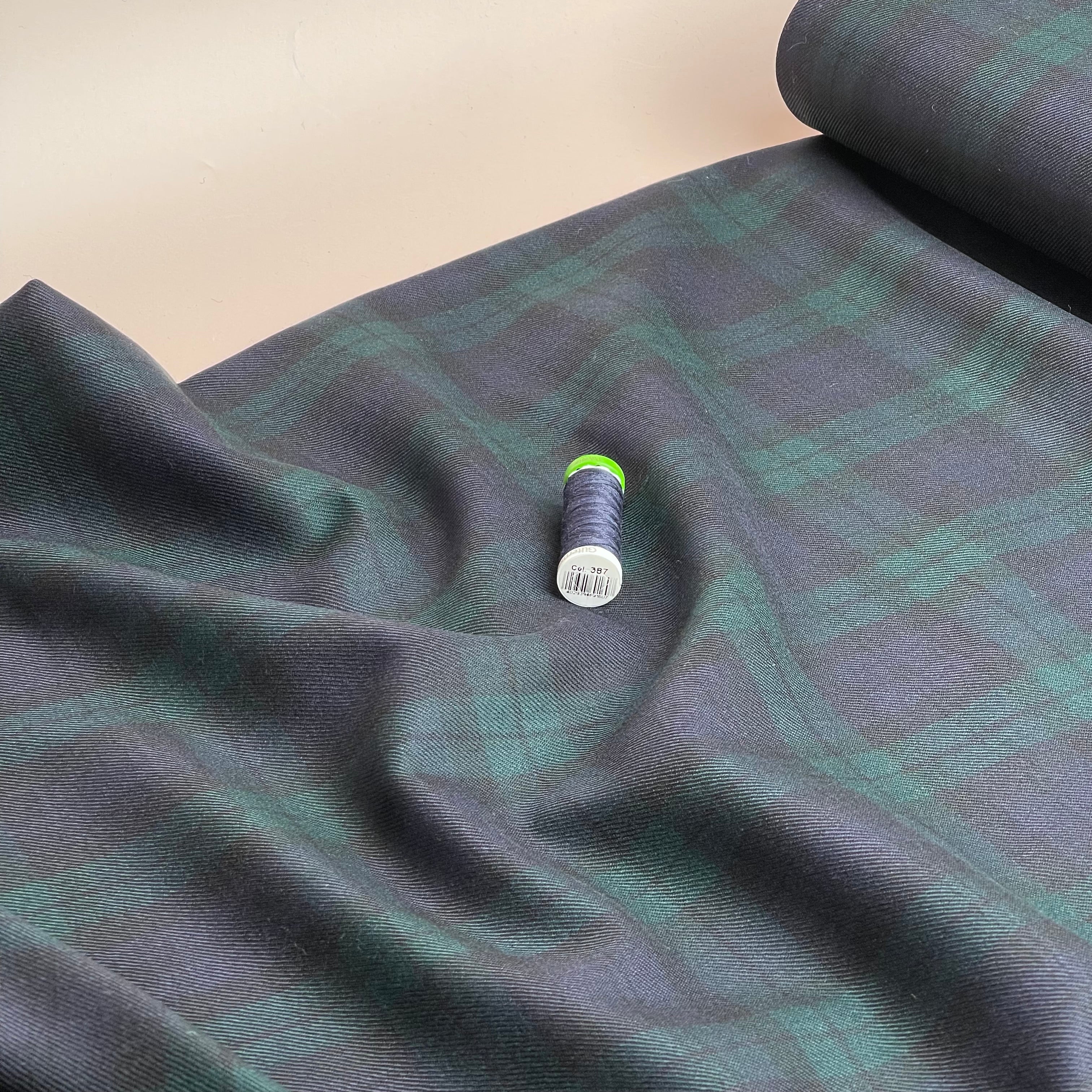 Deadstock Pure Wool Tartan in Green and Navy