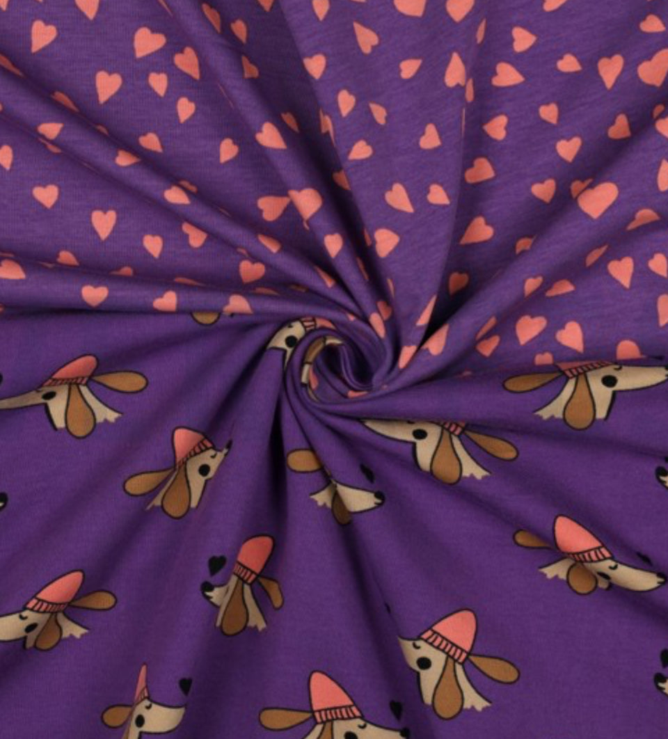 Make an Outfit Colour Bundle - Dogs and Heart Purple Cotton Sweat-shirting with Ribbing