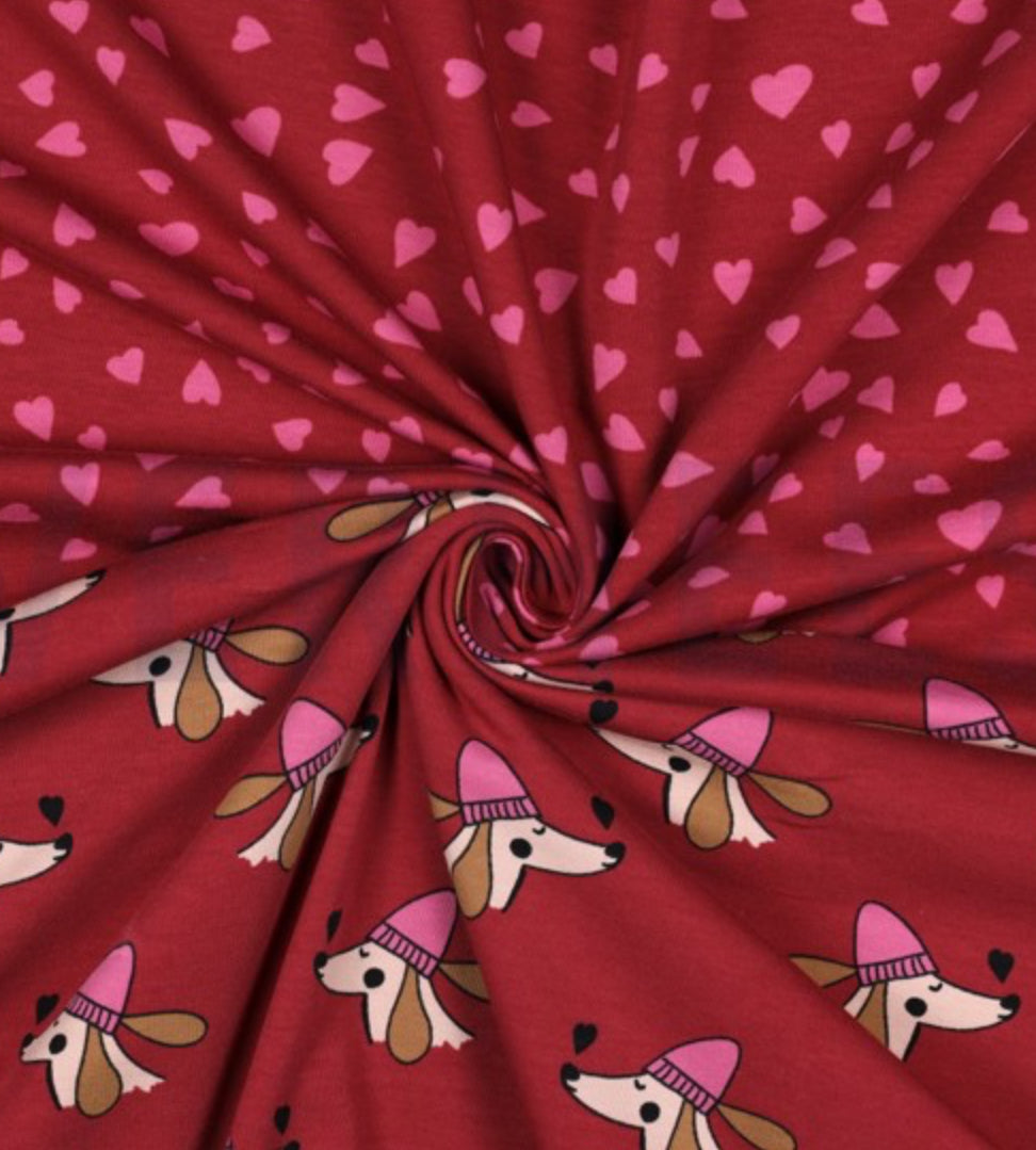 Make an Outfit Colour Bundle - Dogs and Heart Berry Cotton Sweat-shirting with Ribbing