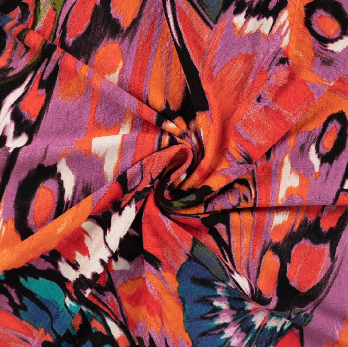 Butterfly Wings Orange and Lilac Viscose Jersey Fabric