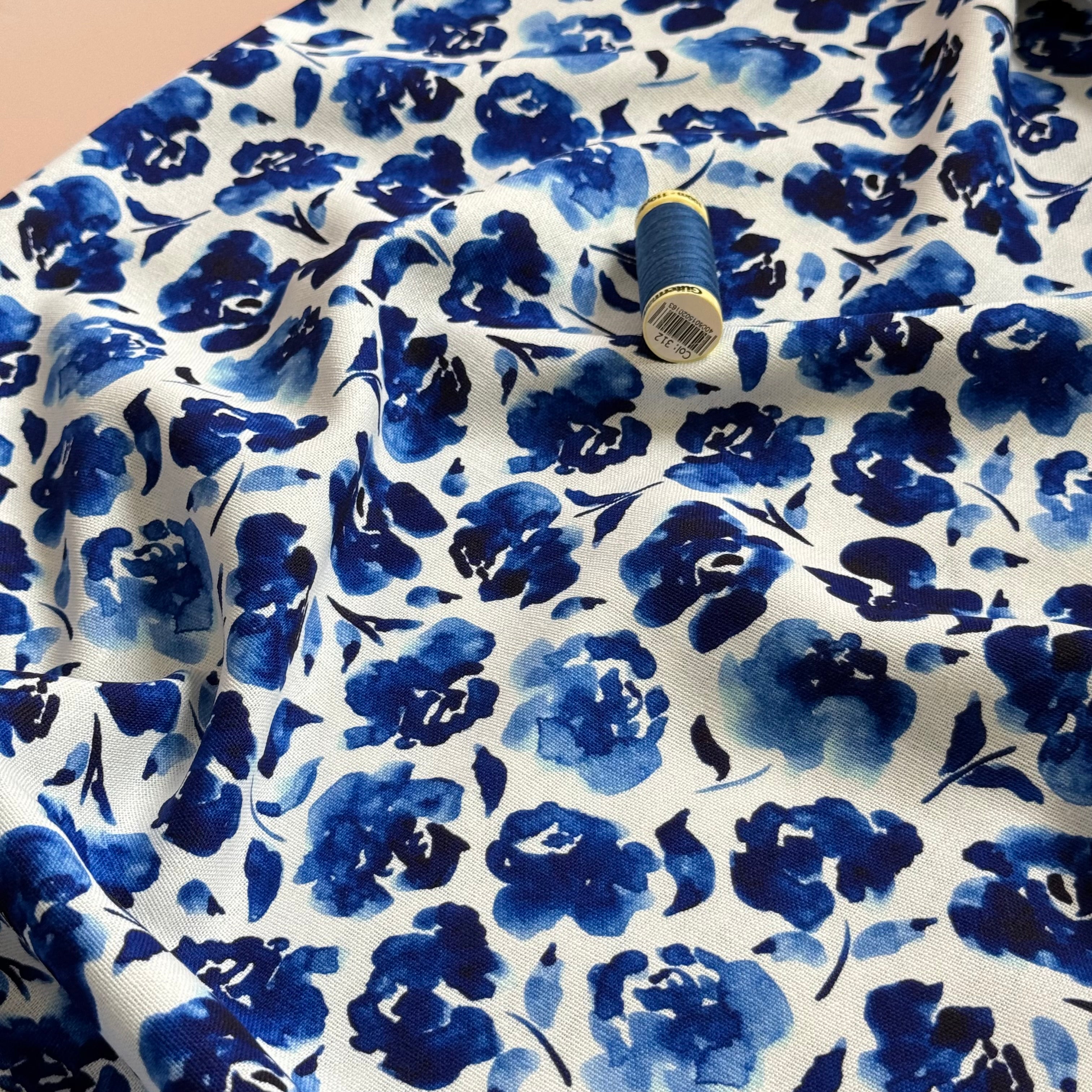Watercolour Flowers Blue Viscose Linen Fabric