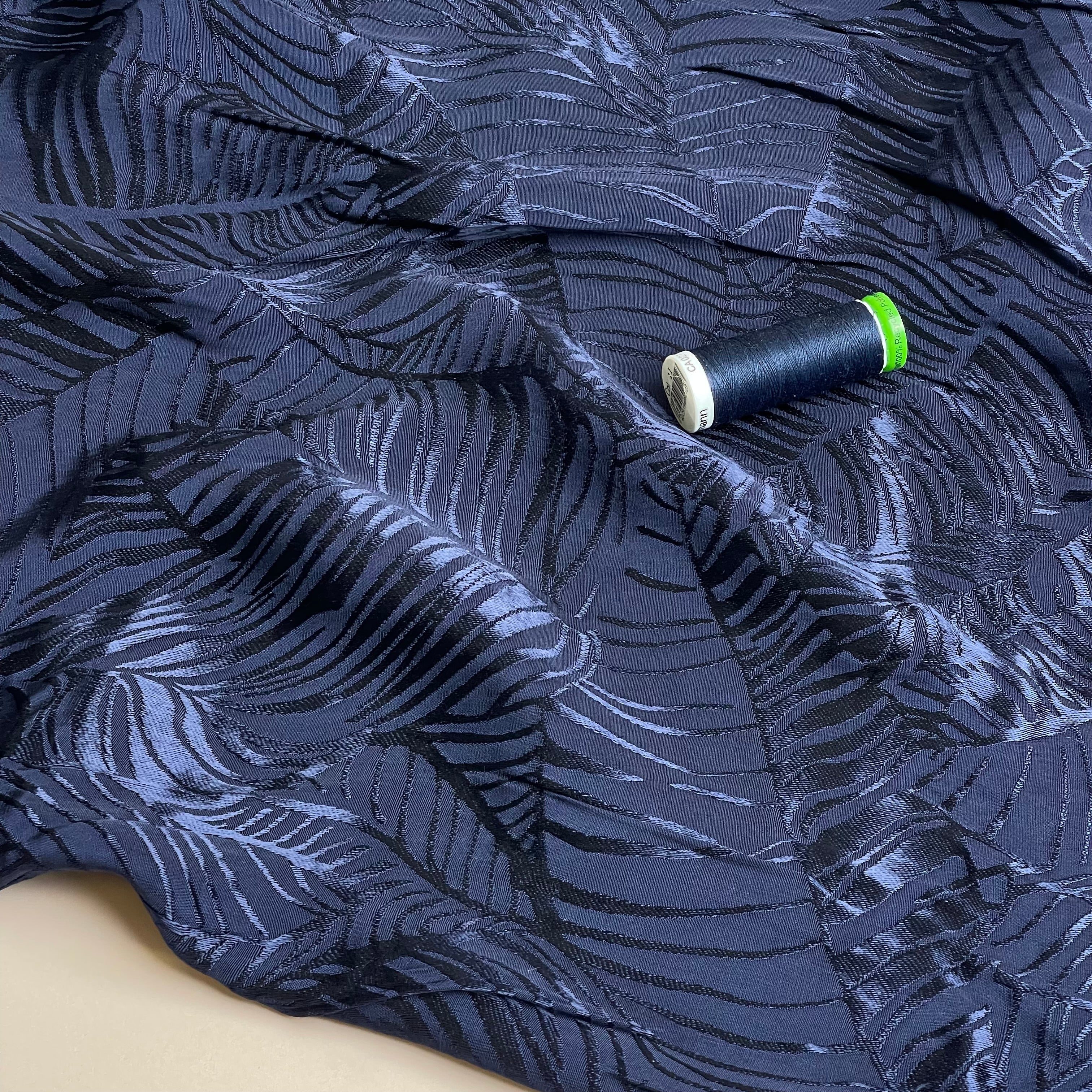 Leaves in Navy Viscose Jacquard Sateen