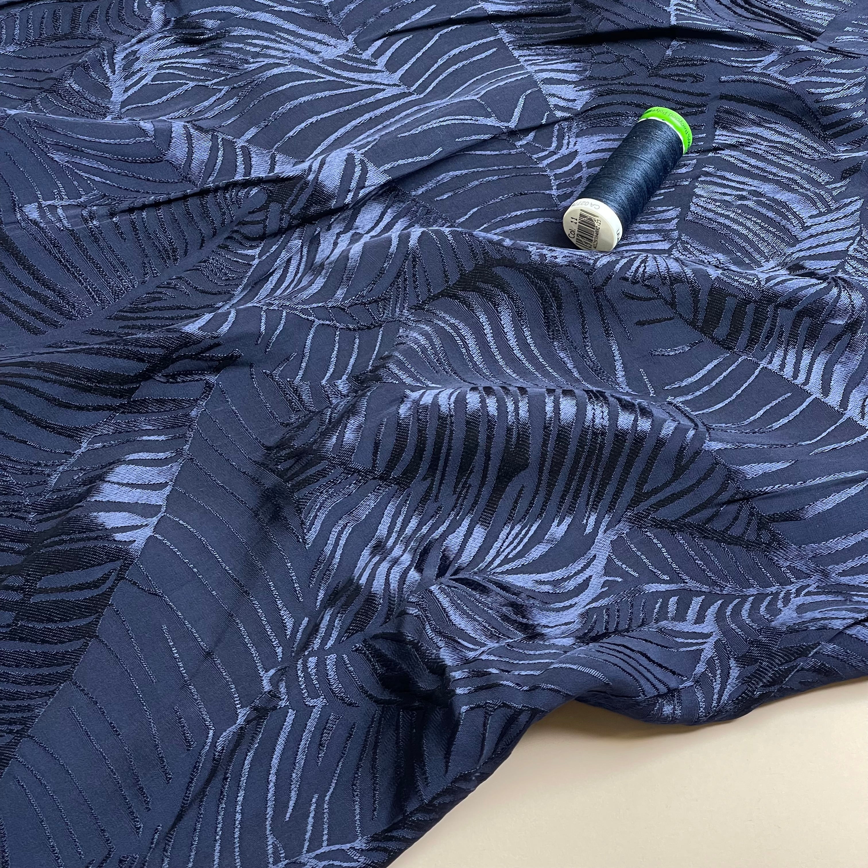 Leaves in Navy Viscose Jacquard Sateen