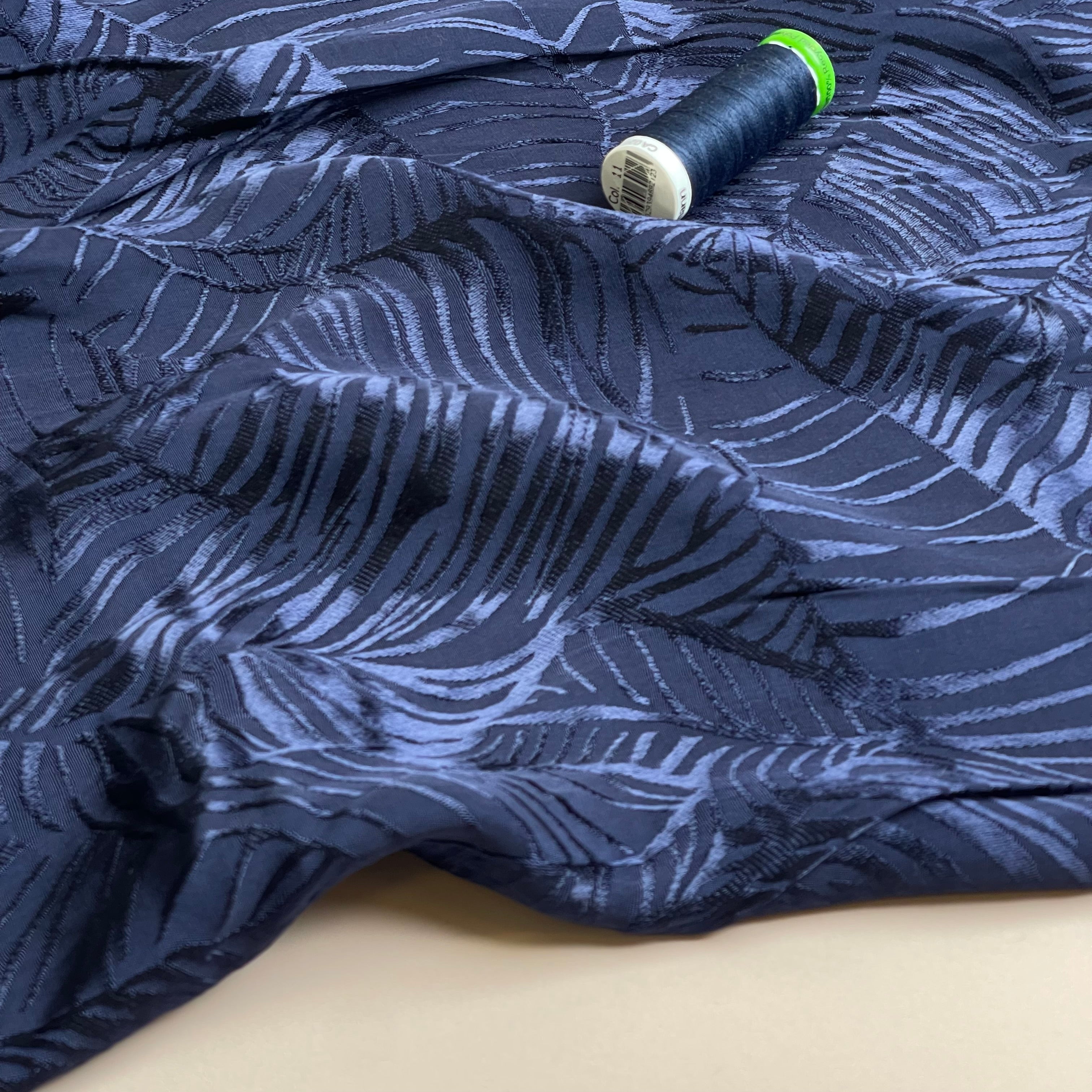Leaves in Navy Viscose Jacquard Sateen