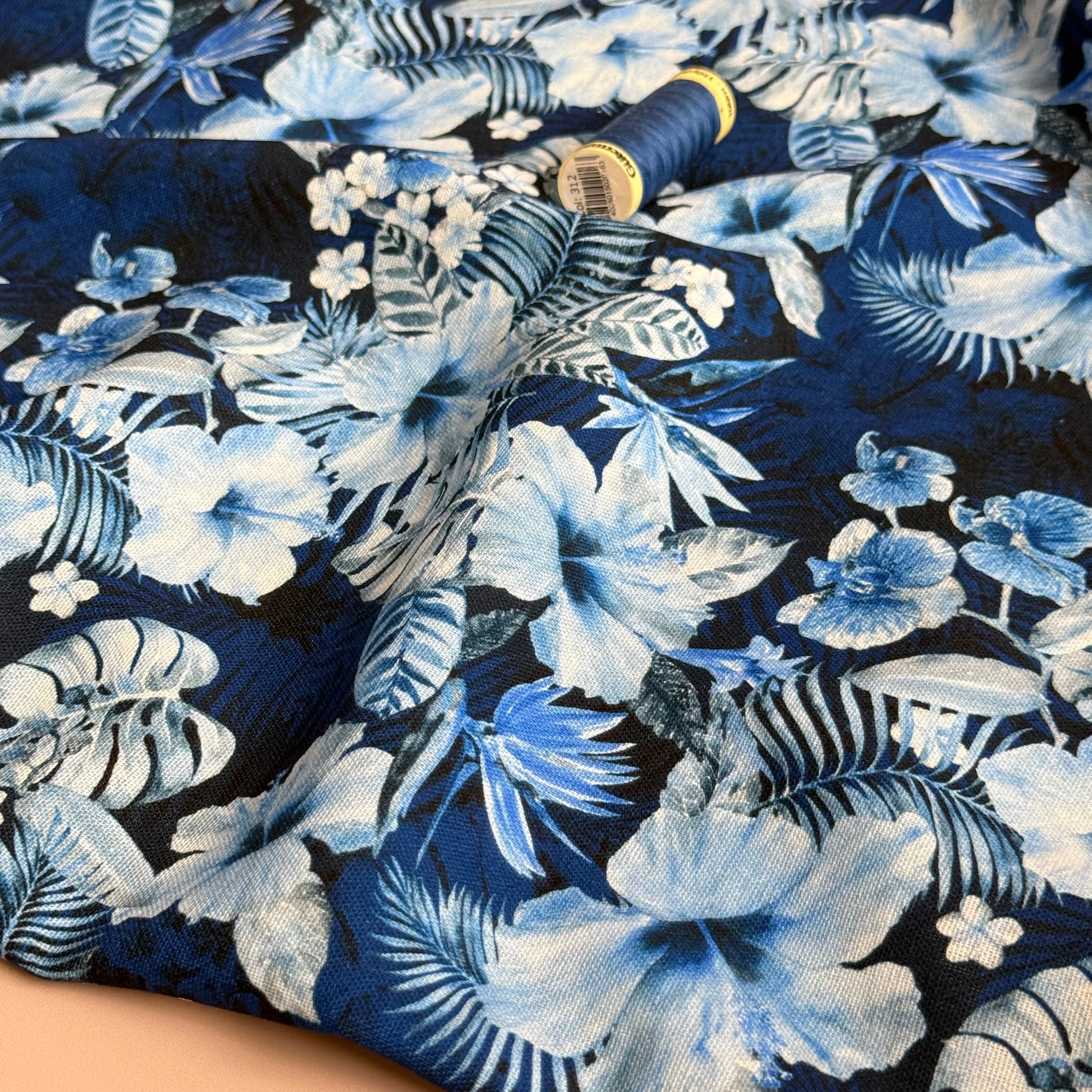 Monochrome Blue Flowers Viscose Linen Fabric