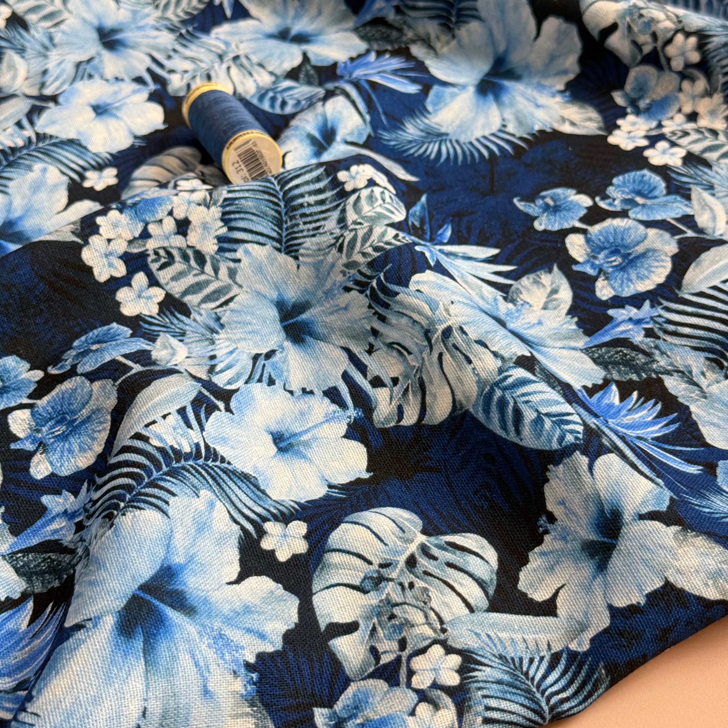 Monochrome Blue Flowers Viscose Linen Fabric