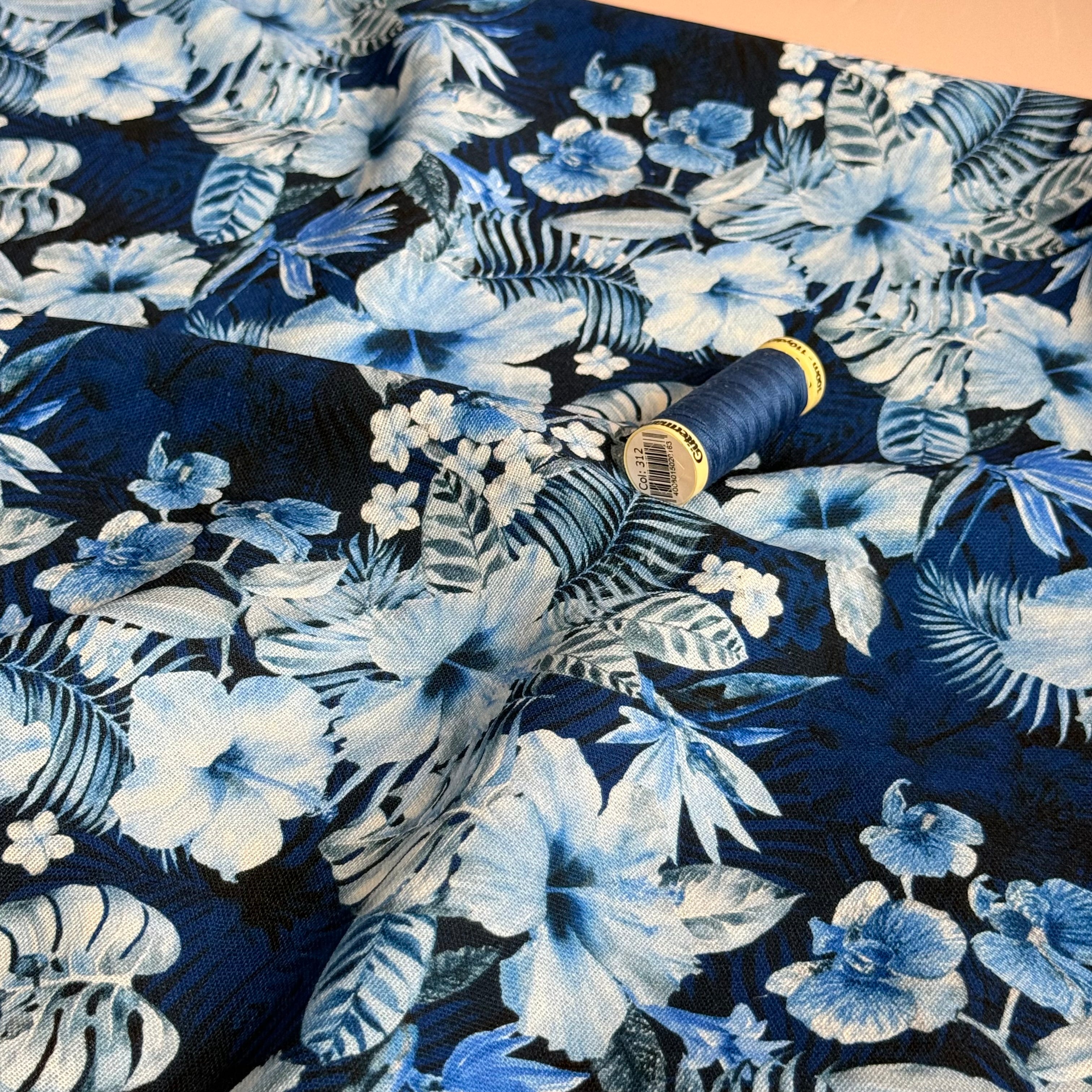 Monochrome Blue Flowers Viscose Linen Fabric