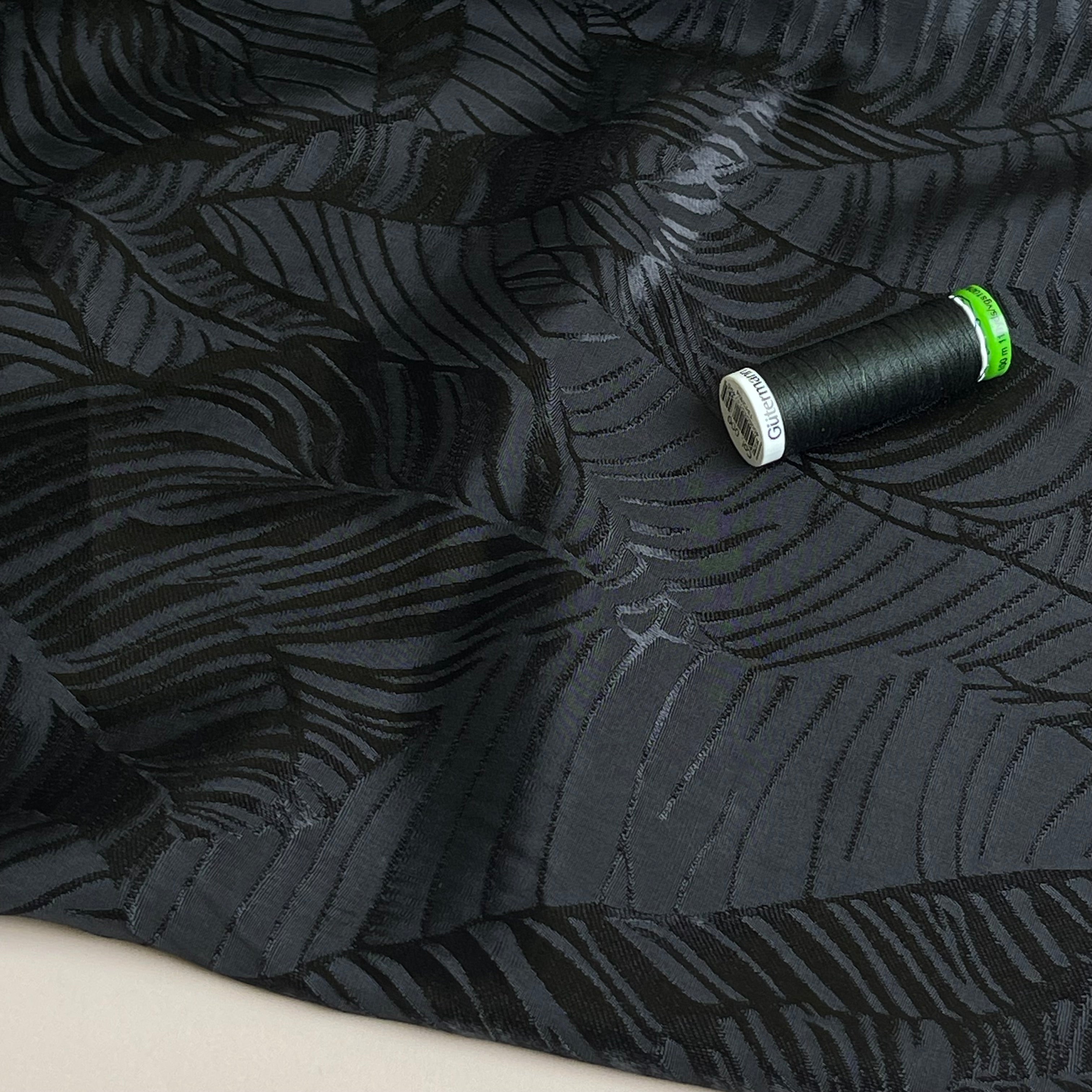 Leaves in Black Viscose Jacquard Sateen