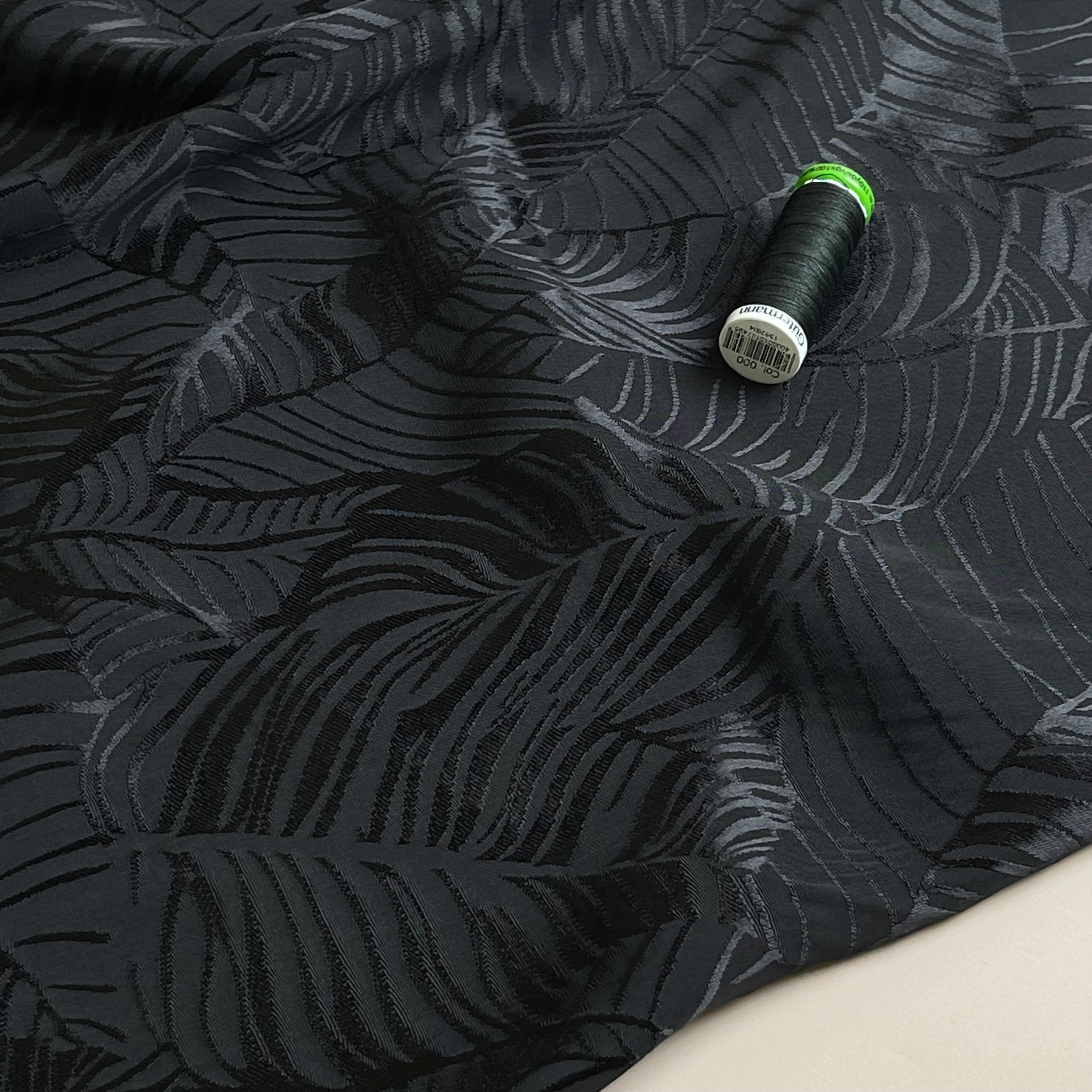 Leaves in Black Viscose Jacquard Sateen